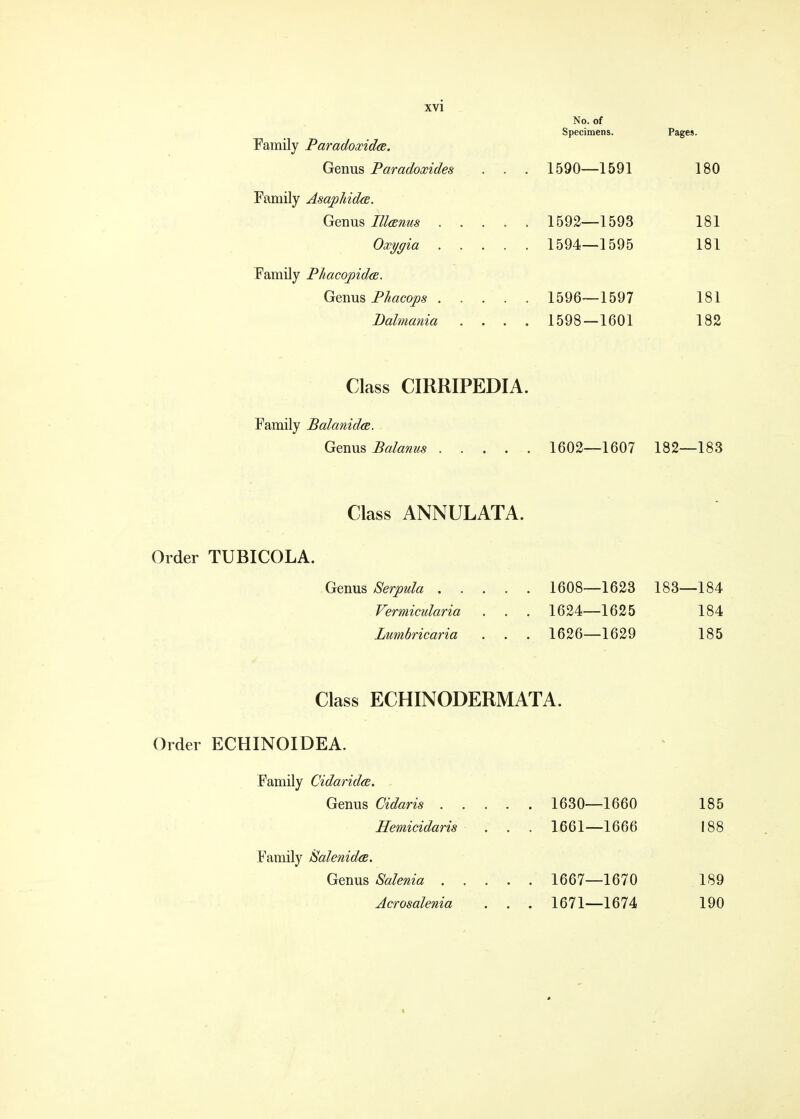 No. of Specimens. Pages. Family Paradoxidos. Gemm Paradoxides . . . 1590—1591 180 Family Asaphidce. Genus lUcBnus 1592—1593 181 Oxygia 1594—1595 181 Family Phacopida. Gemx^ Phacoj)s 1596—1597 181 Balmania .... 1598 — 1601 182 Class CIRRIPEDIA. Family Balanidos. Gemx^ Balanm 1602—1607 182—183 Class ANNULATA. Order TUBICOLA. Genus Serpula 1608—1623 183—184 Vermicularia . . . 1624—1625 184 Lumbricaria . . . 1626—1629 185 Class ECHINODERMATA. Order ECHINOIDEA. Family Cidaridce. Genus Cidaris 1630—1660 185 Hemicidaris . . . 1661—1666 188 Family SalenidcB. Genus Salenia 1667—1670 189 Acrosalenia . . . 1671—1674 190