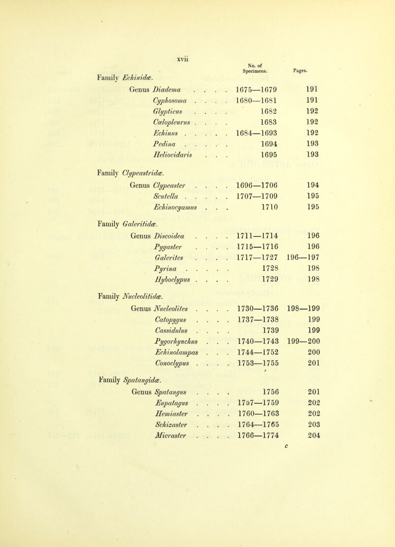 XVll Family Echini dee. Genus Biadema C^phosoma Glypticus Ccelopleurus Echinus . Pedina Heliocidaris Family ClypeastridcE. Genus Clypeaster Scutella . Echinocyamus Family Galeritida. Genus Biscoidea Pyyaster Galerites Pyrina Hyboclypus Family Nucleolitidoe. Genus Nucleolites . Catopygus Cassidulus Pygorhynchus Echinolampas Conoclypus . Family Spatangida. Genus Spatangus Eupatagus Hemiaster Schizaster Micraster No. of Specimens. Pages. 1675—1679 191 1680—1681 191 1682 192 1683 192 1684—1693 192 1694 193 1695 193 1696—1706 194 1707—1709 195 1710 195 1711—1714 196 1715—1716 196 1717—1727 196—197 1728 1729 1737—1738 1739 198 198 1730—1736 198—199 199 199 1740—1743 199—200 1744—1752 1753—1755 1756 1757—1759 1760—1763 1764—1765 1766—1774 200 201 201 202 202 203 204