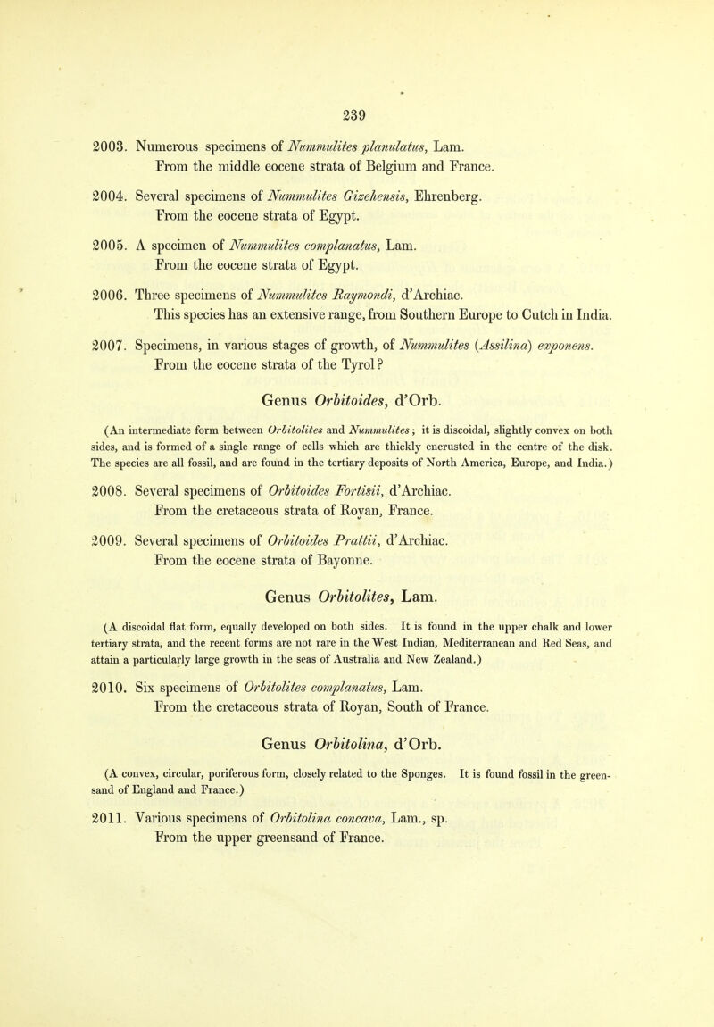 2008. Numerous si^ecimeias JYummulites plantilatiis, Lam. From the middle eocene strata of Belgium and France. 2004. Several specimens of Numnimlites Gizehensis, Elirenberg. From the eocene strata of Egypt. 2005. A specimen of Nummulites complanatus, Lam. From the eocene strata of Egypt. 2006. Three specimens of Nummulites Baymondi, d'Archiac. This species has an extensive range, from Southern Europe to Cutch in India. 2007. Specimens, in various stages of growth, of Nummulites {Assilina) exponens. From the eocene strata of the Tyrol ? Genus Orhifoides, d'Orb. (An intermediate form between Orbitolites and Nummulites; it is discoidal, slightly convex on both sides, and is formed of a single range of cells which are thickly encrusted in the centre of the disk. The species are all fossil, and are found in the tertiary deposits of North America, Europe, and India.) 2008. Several specimens of Orhitoides Fortisii, d'Archiac. From the cretaceous strata of Royan, France. 2009. Several specimens of Orhitoides Prattii, d'Archiac. From the eocene strata of Bayonne. Genus Orhitolites^ Lam. (A discoidal flat form, equally developed on both sides. It is found in the upper chalk and lower tertiary strata, and the recent forms are not rare in the West Indian, Mediterranean and Red Seas, and attain a particularly large growth in the seas of Australia and New Zealand.) 2010. Six specimens of Orbitolites complanatus, Lam. From the cretaceous strata of Royan, South of France. Genus OrbitoUna, d'Orb. (A convex, circular, poriferous form, closely related to the Sponges. It is found fossil in the green- sand of England and France.) 2011. Various specimens of Orhitolina concava. Lam., sp. From the upper greensand of France. I