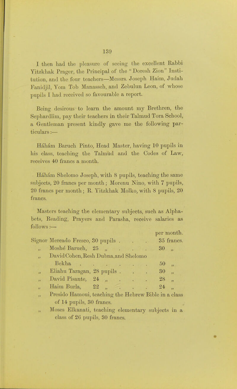 I then had the pleasure of seeing the excellent Rabbi Yitzkhak Prager, the Principal of the Dorcsh Zion Insti- tution, and the lour teachers—Messrs. Joseph Haim, Judah Fanidjil, Yom Tob Manasseh, and Zebulun Leon, of whose pupils I had received so favourable a report. Being desirous to learn the amount my Brethren, the Sephardiim, pay their teachers in their Talmud Tora School, a Gentleman present kindly gave me the following par- ti culars:— Haham Baruch Pinto, Head Master, having 10 pupils in his class, teaching the Talmud and the Codes of Law, receives 40 francs a month. Haham Shelomo Joseph, with 8 pupils, teaching the same subjects, 20 francs per month; Morenu Nino, with 7 pupils, 20 francs per month; R. Yitzkhak Molko, with 8 pupils, 20 francs. Masters teaching the elementary subjects, such as Alpha- bets, Reading, Prayers and Parasha, receive salaries as follows:— per month. Signor Mercado Fresco, SO pupils ... 35 francs. Moshe Baruch, 25 „ . . . 30 „ „ David Cohen, Resh Dubna.and Shelomo Bekha 50 „ „ Eliahu Taragan, 28 pupils . . . 30 „ „ David Pisante, 24 „ . . . 28 „ Haim Burla, 22 „ . . . 24 „ „ Presido Hamoui, teaching the Hebrew Bible in a class of 14 pupils, 30 francs. „ Moses Elkanati, teaching elementary subjects in a class of 2G pupils, 30 francs.