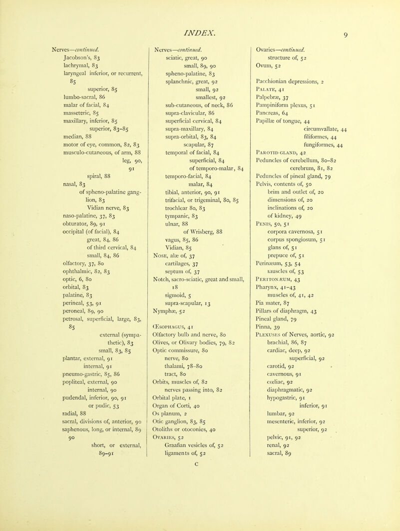 Nerves—conthtited. Jacobson's, 83 lachrymal, 83 laryngeal inferior, or recurrent, 85 superior, 85 lumbo-sacral, 86 malar of facial, 84 masseteric, 85 maxillary, inferior, 85 superior, 83-85 median, 88 motor of eye, common, 82, 83 musculo-cutaneous, of arm, 88 leg, 90, spiral, 88 nasal, 83 of spheno-palatine gang- lion, 83 Vidian nerve, 83 naso-palatine, 37, 83 obturator, 89, 91 occipital (of facial), 84 great, 84, 86 of third cervical, 84 small, 84, 86 olfactory, 37, 80 ophthalmic, 82, 83 optic, 6, 80 orbital, 83 palatine, 83 perineal, 53, 91 peroneal, 89, 90 petrosal, superficial, large, 83, 85 external (sympa- thetic), 83 small, 83, 85 plantar, external, 91 internal, 91 pneumo-gastric, 85, 86 popliteal, external, 90 internal, 90 pudendal, inferior, 90, 91 or pudic, 53 radial, 88 sacral, divisions of, anterior, 90 saphenous, long, or internal, 89 90 short, or external, 89-91 Nerves—continued. sciatic, great, 90 small, 89, 90 spheno-palatine, 83 splanchnic, great, 92 small, 92 smallest, 92 sub-cutaneous, of neck, 86 supra-clavicular, 86 superficial cervical, 84 supra-maxillary, 84 supra-orbital, 83, 84 scapular, 87 temporal of facial, 84 superficial, 84 of temporo-malar, 84 temporo-facial, 84 malar, 84 tibial, anterior, 90, 91 trifacial, or trigeminal, 80, 85 trochlear 80, 83 tympanic, 83 ulnar, 88 of Wrisberg, 88 vagus, 85, 86 Vidian, 85 Nose, ate of, 37 cartilages, 37 septum of, 37 Notch, sacro-sciatic, great and small, 18 sigmoid, 5 supra-scapular, 13 Nymphse, 52 (Esophagus, 41 Olfactory bulb and nerve, 80 Olives, or Olivary bodies, 79, 82 Optic commissure, 80 nerve, 80 thalami, 78-80 tract, 80 Orbits, muscles of, 82 nerves passing into, 82 Orbital plate, i Organ of Corti, 40 Os planum, 2 Otic ganglion, 83, 85 Otoliths or otoconies, 40 Ovaries, 52 Graafian vesicles of, 52 ligaments of, 52 C Ovaries—continued. structure of, 52 Ovum, 52 Pacchionian depressions, 2 Palate, 41 Palpebrse, 37 Pampiniform plexus, 51 Pancreas, 64 Papillae of tongue, 44 circumvallate, 44 filiformes, 44 fungiformes, 44 Parotid gland, 42 Peduncles of cerebellum, 80-82 cerebrum, 81, 82 Peduncles of pineal gland, 79 Pelvis, contents of, 50 brim and outlet of, 20 dimensions of, 20 inclinations of, 20 of kidney, 49 Penis, 50, 51 corpora cavernosa, 51 corpus spongiosum, 51 glans of, 51 prepuce of, 51 Perinseum, 53, 54 muscles of, 53 Peritonaeum, 43 Pharynx, 41-43 muscles of, 41, 42 Pia mater, 87 Pillars of diaphragm, 43 Pineal gland, 79 Pinna, 39 Plexuses of Nerves, aortic, 92 brachial, 86, 87 cardiac, deep, 92 superficial, 92 carotid, 92 cavernous, 91 coeliac, 92 diaphragmatic, 92 hypogastric, 91 inferior, 91 lumbar, 92 mesenteric, inferior, 92 superior, 92 pelvic, 91, 92 renal, 92 sacral, 89