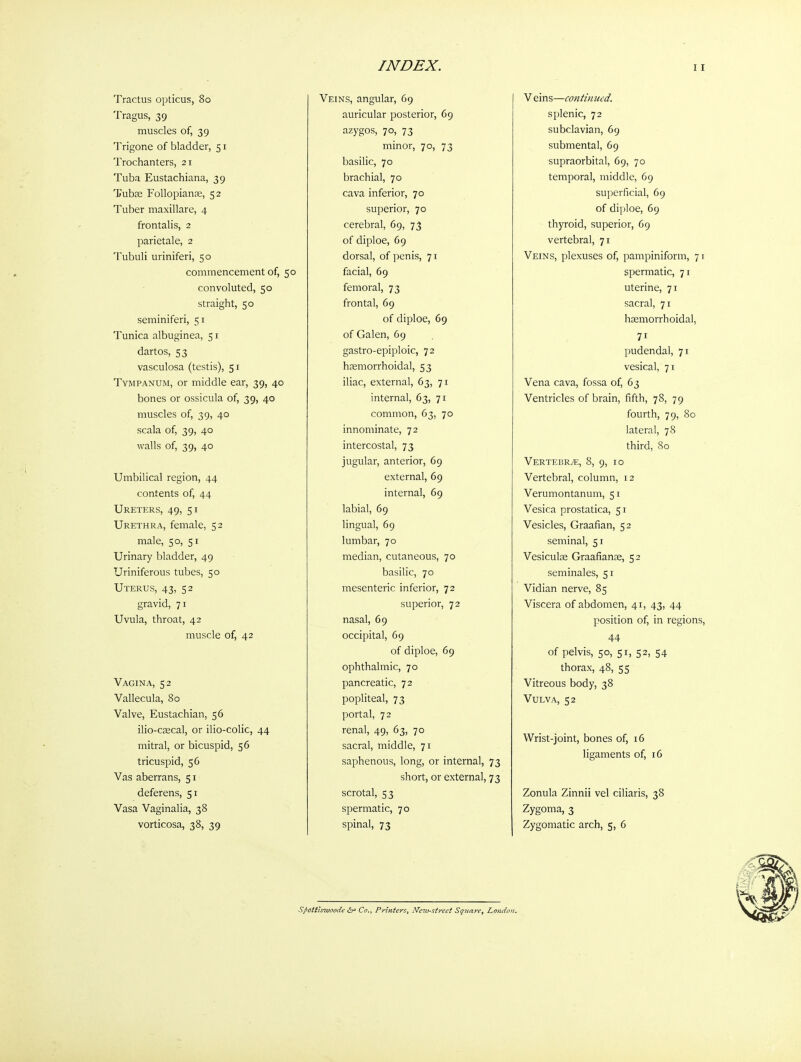 Tractus opticus, 80 Tragus, 39 muscles of, 39 Trigone of bladder, 51 Trochanters, 21 Tuba Eustachiana, 39 TubcB Follopianje, 52 Tuber maxillare, 4 frontalis, 2 parietal e, 2 Tubuli uriniferi, 50 commencement of, 50 convoluted, 50 straight, 50 seminiferi, 51 Tunica albuginea, 51 dartos, 53 vasculosa (testis), 51 Tympanum, or middle ear, 39, 40 bones or ossicula of, 39, 40 muscles of, 39, 40 scala of, 39, 40 walls of, 39, 40 Umbilical region, 44 contents of, 44 Ureters, 49, 51 Urethra, female, 52 male, 50, 51 Urinary bladder, 49 Uriniferous tubes, 50 Uterus, 43, 52 gravid, 71 Uvula, throat, 42 muscle of, 42 Vagina, 52 Vallecula, 80 Valve, Eustachian, 56 ilio-c£ecal, or ilio-colic, 44 mitral, or bicuspid, 56 tricuspid, 56 Vas aberrans, 51 deferens, 51 Vasa Vaginalia, 38 vorticosa, 38, 39 Veins, angular, 69 auricular posterior, 69 azygos, 70, 73 minor, 70, 73 basilic, 70 brachial, 70 cava inferior, 70 superior, 70 cerebral, 69, 73 of diploe, 69 dorsal, of penis, 71 facial, 69 femoral, 73 frontal, 69 of diploe, 69 of Galen, 69 gastro-epiploic, 72 hfemorrhoidal, 53 iliac, external, 63, 71 internal, 63, 71 common, 63, 70 innominate, 72 intercostal, 73 jugular, anterior, 69 external, 69 internal, 69 labial, 69 lingual, 69 lumbar, 70 median, cutaneous, 70 basilic, 70 mesenteric inferior, 72 superior, 72 nasal, 69 occipital, 69 of diploe, 69 ophthalmic, 70 pancreatic, 72 popliteal, 73 portal, 72 renal, 49, 63, 70 sacral, middle, 71 saphenous, long, or internal, 73 short, or external, 73 scrotal, 53 spermatic, 70 spinal, 73 V eins—continued. splenic, 72 subclavian, 69 submental, 69 supraorbital, 69, 70 temporal, middle, 69 superficial, 69 of diploe, 69 thyroid, superior, 69 vertebral, 71 Veins, plexuses of, pampiniform, 71 spermatic, 71 uterine, 71 sacral, 71 hsemorrhoidal, 71 pudendal, 71 vesical, 71 Vena cava, fossa of, 63 Ventricles of brain, fifth, 78, 79 fourth, 79, 80 lateral, 78 third, 80 Vertebr/E, 8, 9, 10 Vertebral, column, 12 Verumontanum, 51 Vesica prostatica, 51 Vesicles, Graafian, 52 seminal, 51 Vesicute Graafianae, 52 seminales, 51 Vidian nerve, 85 Viscera of abdomen, 41, 43, 44 position of, in regions, 44 of pelvis, 50, 51, 52, 54 thorax, 48, 55 Vitreous body, 38 Vulva, 52 Wrist-joint, bones of, 16 ligaments of, 16 Zonula Zinnii vel ciliaris, 38 Zygoma, 3 Zygomatic arch, 5, 6 Sf>oiiiswoodc (3^ Co., Printers, New-street Sqtinre, London.