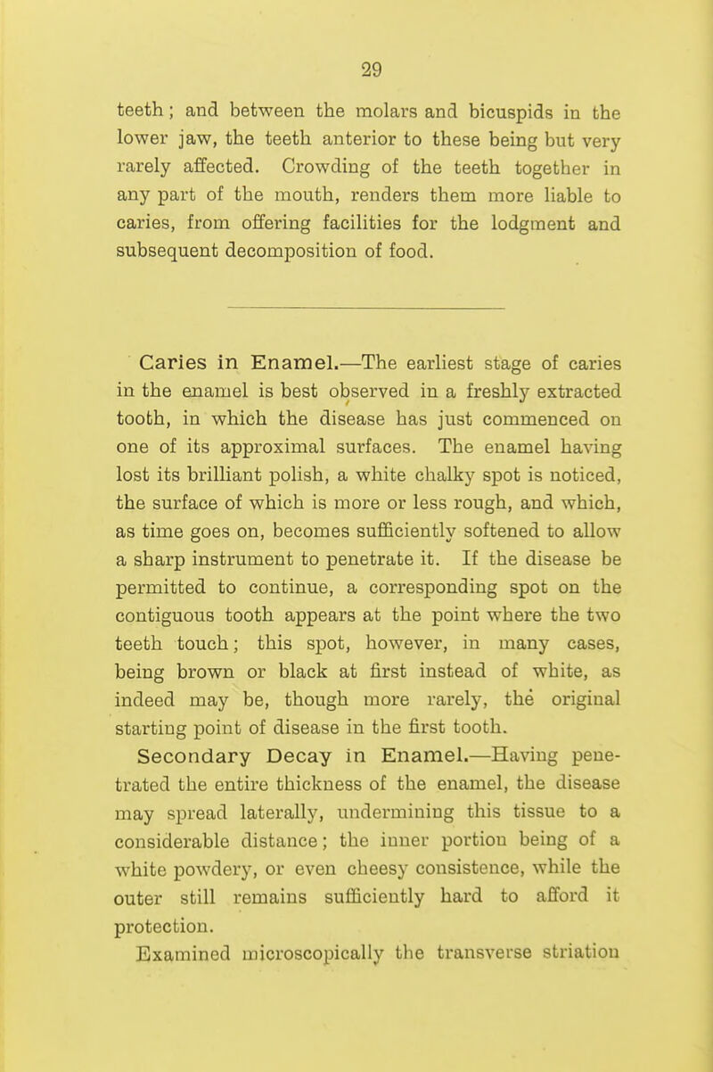 teeth; and between the molars and bicuspids in the lower jaw, the teeth anterior to these being but very rarely affected. Crowding of the teeth together in any part of the mouth, renders them more liable to caries, from offering facilities for the lodgment and subsequent decomposition of food. Caries in Enamel.—The earhest stage of caries in the enamel is best observed in a freshly extracted tooth, in which the disease has just commenced on one of its approximal surfaces. The enamel having lost its brilliant polish, a white chalky spot is noticed, the surface of which is more or less rough, and which, as time goes on, becomes sufficiently softened to allow a sharp instrument to penetrate it. If the disease be permitted to continue, a corresponding spot on the contiguous tooth appears at the point where the two teeth touch; this spot, however, in many cases, being brown or black at first instead of white, as indeed may be, though more rarely, the original starting point of disease in the first tooth. Secondary Decay in Enamel.—Having pene- trated the entire thickness of the enamel, the disease may spread laterally, undermining this tissue to a considerable distance; the inner portiou being of a white powdery, or even cheesy consistence, while the outer still remains sufficiently hard to afford it protection. Examined microscopically the transverse striation