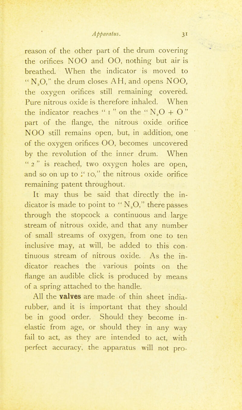 reason of the other part of the drum covering the orifices NOO and OO, nothing but air is breathed. When the indicator is moved to NaO, the drum closes AH, and opens NOO, the oxygen orifices still remaining covered. Pure nitrous oxide is therefore inhaled. When the indicator reaches 1 on the N20 + O part of the flange, the nitrous oxide orifice NOO still remains open, but, in addition, one of the oxygen orifices OO, becomes uncovered by the revolution of the inner drum. When 2 is reached, two oxygen holes are open, and so on up to 10, the nitrous oxide orifice remaining patent throughout. It may thus be said that directly the in- dicator is made to point to N20, there passes through the stopcock a continuous and large stream of nitrous oxide, and that any number of small streams of oxygen, from one to ten inclusive may, at will, be added to this con- tinuous stream of nitrous oxide. As the in- dicator reaches the various points on the flange an audible click is produced by means of a spring attached to the handle. All the YalYes are made of thin sheet india- rubber, and it is important that they should be in good order. Should they become in- elastic from age, or should they in any way fail to act, as they are intended to act, with perfect accuracy, the apparatus will not pro-