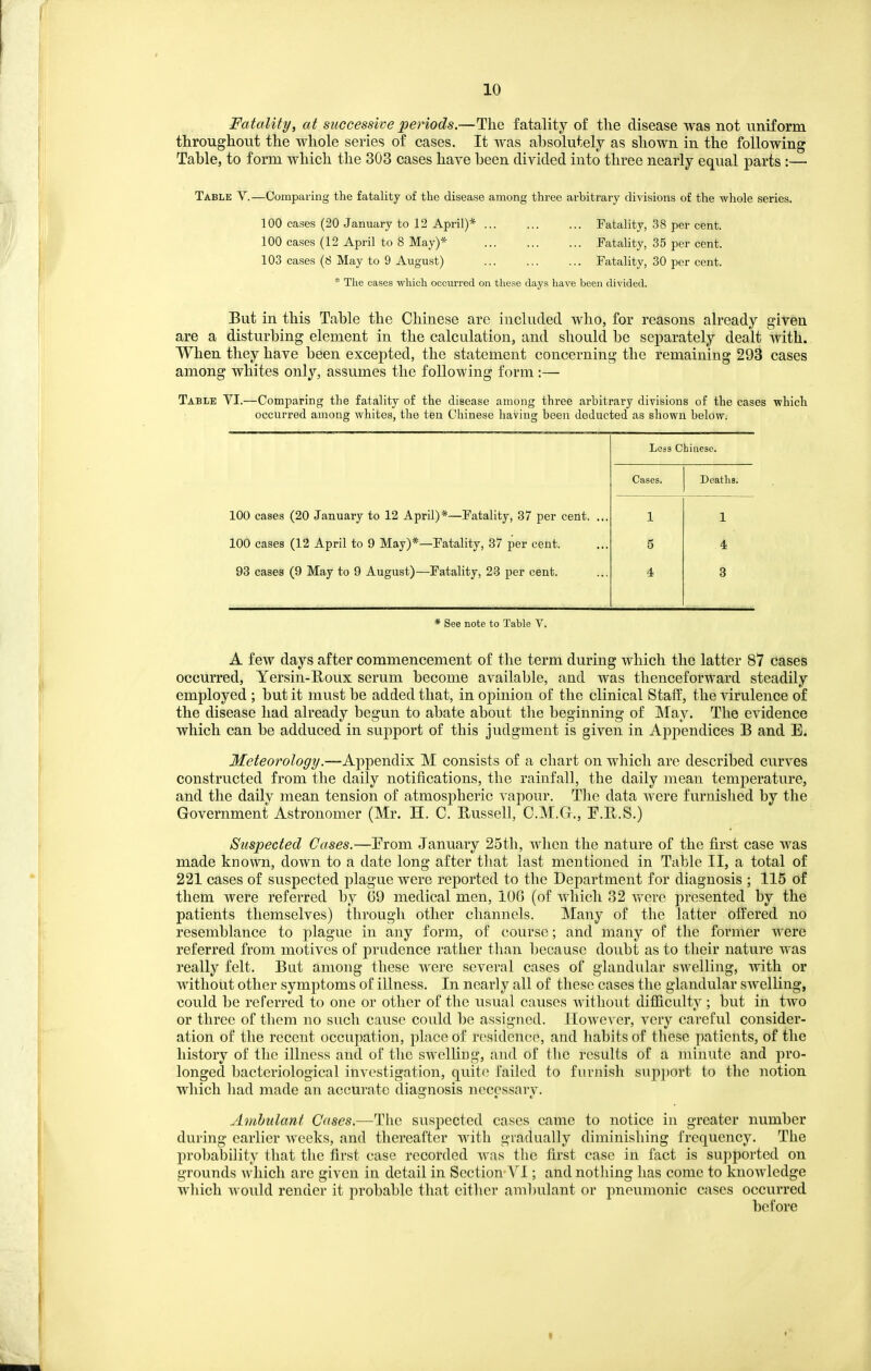 Fatality, at successive periods.—The fatality of the disease was not uniform throughout the whole series of cases. It was absolutely as shown in the following Table, to form which the 303 cases have been divided into three nearly equal parts :— Table V.—Comparing the fatality of the disease among three arbitrary divisions of the whole series. 100 cases (20 January to 12 April)* Fatality, 38 per cent. 100 cases (12 April to 8 May)* Fatality, 35 per cent. 103 cases (8 May to 9 August) ... ... ... Fatality, 30 per cent. * The cases which occurred on these days have been divided. But in this Table the Chinese are included who, for reasons already given are a disturbing element in the calculation, and should be separately dealt with. When they have been excepted, the statement concerning the remaining 293 cases among whites only, assumes the following form:— Table VI.—Comparing the fatality of the disease among three arbitrary divisions o£ the cases which occurred among whites, the ten Chinese having been deducted as shown below. 100 cases (20 January to 12 April)*—Fatality, 37 per cent. .. 100 cases (12 April to 9 May)*—Fatality, 37 per cent. 93 cases (9 May to 9 August)—Fatality, 23 per cent. Less Chinese. Cases. Deaths. * See note to Table V. A few days after commencement of the term during which the latter 87 cases occurred, Yersin-Roux serum become available, and was thenceforward steadily employed ; but it must be added that, in opinion of the clinical Staff, the virulence of the disease had already begun to abate about the beginning of May. The evidence which can be adduced in support of this judgment is given in Appendices B and E. Meteorology.—Appendix M consists of a chart on which are described curves constructed from the daily notifications, the rainfall, the daily mean temperature, and the daily mean tension of atmospheric vapour. The data were furnished by the Government Astronomer (Mr. H. C. Bussell, O.M.G., T.E.S.) Suspected Cases.—From January 25tli, when the nature of the first case was made known, down to a date long after that last mentioned in Table II, a total of 221 cases of suspected plague were reported to the Department for diagnosis ; 115 of them were referred by 69 medical men, 106 (of which 32 vrere presented by the patients themselves) through other channels. Many of the latter offered no resemblance to plague in any form, of course; and many of the former were referred from motives of prudence rather than liecausc doubt as to their nature was really felt. But among these were several cases of glandular swelling, with or Mdthout other symptoms of illness. In nearly all of these cases the glandular swelling, could be referred to one or other of the usual causes without difiiculty ; but in two or three of them no such cause could be assigned. HoAvever, very careful consider- ation of the recent occupation, place of residence, and habits of these patients, of the history of the illness and of the swelling, and of the results of a minute and pro- longed bacteriological investigation, quite failed to furnish sup])ort to the notion which had made an accurate diagnosis ncccssarv. Ambulant Cases.—Tlie suspected cases came to notice in greater number during earlier weeks, and thereafter with gradually diminishing frequency. The probability that the first case recorded was the first case in fact is supported on grounds which are given in detail in Section VI; and notliing has come to knowledge which would render it probable that cither ambulant or pneumonic cases occurred before