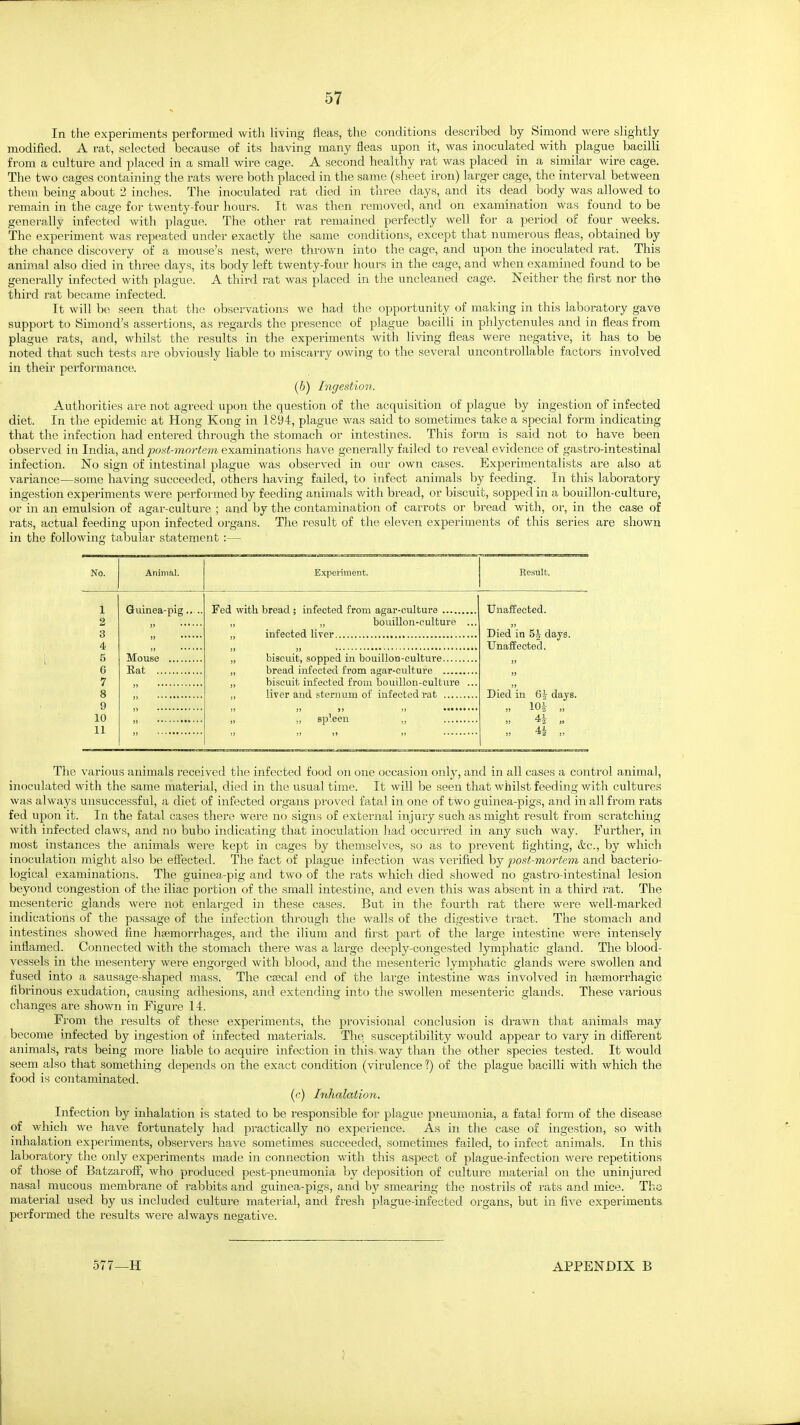 In the experiments performed with living fleas, the conditions described by Simond were slightly modified. A rat, selected because of its having many fleas upon it, was inoculated with plague bacilli fi'om a culture and placed in a small wire cage. A second healthy rat was placed in a similar wire cage. The two cages containing the rats were both placed in the same (sheet iron) larger cage, the interval between them being about 2 inches. The inoculated rat died in three days, and its dead body was allowed to remain in the cage for twenty-four hours. It was then removed, and on examination was found to be generally infected with plague. The other rat remained perfectly well for a period of four weeks. The experiment was repeated under exactly the same conditions, except that numerous fleas, obtained by the chance discovery of a mouse's nest, were thrown into the cage, and upon the inoculated rat. This animal also died in three days, its body left twenty-four hours in the cage, and when examined found to be generally infected with plague. A third rat was placed in the uncleaned cage. Neither the first nor the third rat became infected. It will be seen that the observations we had the opportunity of making in this laboratory gave support to Simond's assertions, as regards the presence of plague bacilli in phlyctenules and in fleas from plague rats, and, whilst the results in the experiments with living fleas were negative, it has to be noted that such tests are obviously liable to miscarry owing to the several uncontrollable factors involved in their performance. (6) Ingestion. Authorities are not agreed upon the question of the acquisition of plague by ingestion of infected diet. In the epidemic at Hong Kong in 1894, plague was said to sometimes take a special form indicating that the infection had entered through the stomach or intestines. This form is said not to have been observed in India, and post-mortem examinations have generally failed to reveal evidence of gastro-intestinal infection. No sign of intestinal plague was observed in our own cases. Experimentalists are also at variance—some having succeeded, others having failed, to infect animals by feeding. In this laboratory ingestion experiments were performed by feeding animals with bread, or biscuit, sopped in a bouillon-culture, or in an emulsion of agar-culture ; and by the contamination of carrots or bread with, or, in the case of rats, actual feeding upon infected organs. The result of the eleven experiments of this series are shown in the following tabular statement :— No. Animal. 1 2 3 4 5 6 7 8 9 10 11 Guinea-pi Mouse ... Eat Experiment. Result. Fed with bread ; infected from agar-culture „ „ bouillon-culture „ infected liver „ biscuit, sopped in bouillon-culture.... „ bread infected from agar-culture „ biscuit infected from bouillon-culture ,, liver and sternum of infected rat .... „ „ spleen „ Unaffected. Died in 5i days. Unaffected. Died in 6t days. „ 4i ,. „ 4^ „ The various animals received the infected food on one occasion only, and in all cases a control animal, inoculated with the same material, died in the usual time. It will be seen that whilst feeding with cultures was always unsuccessful, a diet of infected organs proved fatal in one of two guinea-pigs, and in all from rats fed upon it. In the fatal cases there were no signs of external injury such as might result from scratching with infected claws, and no bubo indicating that inoculation had occurred in any such way. Further, in most instances the animals were kept in cages by themselves, so as to prevent flghting, (fcc, by which inoculation might also be effected. The fact of plague infection was verified by post-mortem and bacterio- logical examinations. The guinea-pig and two of the rats which died showed no gastro-intestinal lesion beyond congestion of the iliac portion of the small intestine, and even this was absent in a third rat. The mesenteric glands were not enlarged in these cases. But in the fourth rat there were well-marked indications of the passage of the infection through the walls of the digestive tract. The stomach and intestines showed fine hsemorrhages, and the ilium and first part of the large intestine were intensely inflamed. Connected with the stomach there was a large deeply-congested lymphatic gland. The blood- vessels in the mesentery were engorged with blood, and the mesenteric lymphatic glands were swollen and fused into a sausage-shaped mass. The csecal end of the large intestine was involved in hsemorrhagic fibrinous exudation, causing adhesions, and extending into the swollen mesenteric glands. These various changes are shown in Figure 14. From the results of these experiments, the provisional conclusion is drawn that animals may become infected by ingestion of infected materials. The susceptibility would appear to vary in different animals, rats being more liable to acquire infection in this way than the other species tested. It would seem also that something depends on the exact condition (virulence ?) of the plague bacilli with which the food is contaminated. (c) Inhalation. Infection by inhalation is stated to be responsible for plague pneumonia, a fatal form of the disease of which we have fortunately had practically no experience. As in the case of ingestion, so with inhalation experiments, observers have sometimes succeeded, sometimes failed, to infect animals. In this laboratory the only experiments made in connection with this aspect of plague-infection were repetitions of those of Batzaroff, who produced pest-pneumonia by deposition of culture material on the uninjured nasal mucous membrane of rabbits and guinea-pigs, and by smearing the nostrils of rats and mice. The mateiial used by us included culture material, and fresh plague-infected organs, but in five experiments performed the results were always negative. 577—H APPENDIX B