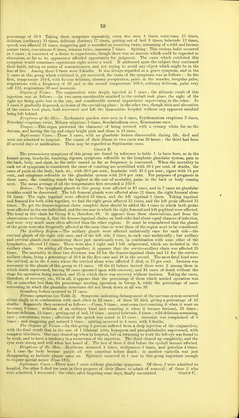 percentage oi 38'9 Taking these symptoms separately, coma was seen 4 times, semi-coma 25 times, delirium (ordinary) 33 times, delirium (furious) 17 times, getting out of bed 9 times, hebetude 12 times, speech was affected 23 times, staggering gait is recorded as occurring twice, screaming of a wild and furious nature twice, convulsions 6 times, trismus twice, insomnia 7 times. Spitting: This curious habit occurred in 5 cases; it consisted of a desire to expectorate, though there was no mucous which could be regarded as obnoxious, as far as its appearance afforded opportunity for judgment. The cases which exhibited this .symptom would sometimes expectorate right across a ward. If addressed upon the subject they continued their habit, taking no notice of remonstrances, and not trying to avoid any object which might be in the line of fire. Among these 5 there were 3 deaths. It was always regarded as a grave symptom, and in the 2 cases in this group which exhibited it, yet I'ecovered, the train of the symptoms was as follows :—In the first, temperature 104-6, with furious delirium, clammy perspiration, pains in the muscles, irregular pulse, respirations with a frequency of 30 and in the second temperature 103-8, ordinary delirium, pulse very soft 124, respirations 38 and insomnia. Organs of Vidon.—The conjunctivre were deeply injected in 7 cases; the ultimate result of this injection was as follows :—In two cases considerable mischief to tlie eyeball took place, the sight of the right eye being quite lost in the one, and considerable corneal impairment supervening in the other. In 3 cases it gradually dispersed, no lesion of the eye taking place ; in the other two, though iritis and ulceration of the cornea took place, both recovered and left the Quarantine hospital without any apparent mischief being left behind. Eruptions of the Skin.—Ecchymotic patches were seen in 6 cases. Erythematous eruptions 3 times, Petechial eruptions twice. Miliary eruptions 3 times, Scarlatiniform once, Eczematous once. Tongtie.—This organ presented the character of being covered with a creamy white fur on the dorsum, and having the tip and edges bright pink and clean in 43 cases. Septicaemia Cases.—Those 3 cases, with no glandular lesions discoverable during life, died and were not admitted to hospital. The course of their illness in two cases was 30 hours ; the third had been ill several days at notification. These may be regarded as Septicaemic cases. Group B. The premonitory symptoms of this group are found by reference to table 1 to have been, as in the former group, headache, vomiting, rigours, symptoms referable to the lymphatic glandular system, pain in the back, body, and chest, in the order named as far as frequency is concerned. When the mortality in each set of symptoms is considered, the cases of vomiting are accredited with 40-4 per cent, of deaths, the cases of pains in the body, back, (kc, with 36-6 per cent., headache with 31-2 per cent., rigors with 34 per cent., and symptoms referable to the glandular system with 25-6 per cent. For purposes of prognosis in these cases, the vomiting stands the highest in the rate of mortality, pains in the back or body coming- next. The mean average of all the temperatures first recorded is 102-8. Buboes.—The lymphatic glands in this group were affected in 93 cases, and in 7 cases no glandular troubles could be discovered. The left femoral glands were affected alone 21 times, the I'ight femoral alone 16 times. The right inguinal were affected 10 times, and the left inguinal 5 times. Taking inguinal and femoral for both sides together, we find the right groin affected 32 times, and the left groin affected 31 times. To get the femoro-inguinal chain complete there should be added the 4 cases in which both groins were affected in the one individual, and the one case in which the right femoral and left popliteal were affected. The total in this chain for Group B is, therefore, 68. It appears from these observations, and from the observations in Group A, that the femoro-inguinal chains on both sides had about equal chances of infection, and were very much more often affected than the other regions. It must be remembered that the glands of the groin were also frequently affected at the same time as were those of the region next to be considered. The Axillary Region.—The axillary glands were affected unilaterally once for each side—the cervical glands of the right side once, and of the left side 3 times, in each case unilaterally; but axillary and cervical glands (not considering those just mentioned) were, in combination with some other of the lymphatics, affected 17 times. There were also 1 right and 1 left subpectoral, which are included in the axillary chain. On adding all these together, it appears that the cervico-axillary chain was affected 25 times. The mortality in these two divisions was 19 for the femoro-inguinal chain and 12 for the cervico- axillary chain, being a percentage of 26-4 in the first case and 48 in the second. The most fatal kind were the cervical, as in the 4 cases where the cervical alone were affected 3 died, or 75 per cent. Incision was necessary in the glands of this group in 41 cases. Of the 41 buboes incised there were 2 among them in which death supervened, leaving 39 cases operated upon with recovery, and 34 cases of death without the stage for operation being reached, and 25 in v/hich there was recovery without incision. Taking the cases, therefore, of recovery, viz., 63 in all, it appears that the percentage of them which needed operation was 62, or somewhat less than the percentage needing operation in Group A, while the percentage of cases recovering in which the glandular structures did not break down at all was 39. Seco7ida.ry buboes occurred in 17 cases. Nervous symptoms (see Table 3). Symptoms indicating derangement of the nervous system occurred either singly or in combination with each other in 62 cases; of these 26 died, giving a percentage of 42 deaths. Separately they occurred as follows :—Coma, 9 times ; semi-coma (not counting it when it went on to coma), 8 times ; delirium of an ordinary kind (not counting it when it became furious), 33 times ; furious delirium, 15 times ; getting out of bed, 18 times ; mental hebetude, 6 times ; wild delirious screaming, once ; convulsions, twice; affection of the speech was noted in 15 cases ; insomnia was complained of 5 times ; and staggering gait noticed 5 times ; spitting occurred in 4 cases, with 3 deaths. The Organs of Vision.—In this group 4 persons suffered from a deep injection of the conjunctivre, with the final result that in the case of 1 bilateral iritis, hypopyon and panophthalmitis supervened, with complete blindness. One case cleared up when in hospital, but on returning to work the left eye was found to be weak, and to have a tendency to a recuri-ence of the injection. The third cleared up completely, and the eyes were strong and well when last heard of. The last of these 4 died before the eyeball became affected. Eruptions of the Skin.—Erythema occurred 4 times, ecchymoses 4 times, and petechite 4 times. In 1 case the body became purple all over sometime before death ; in another varicella was just disappearing as bubonic plague came on. Epistaxis occurred in 1 case in this group impoi'tant enough to require special notice (Case 183). Septiccemic Cases.—There were 7 cases without glandular symptoms. Of these, 2 were admitted to hospital, the other 5 died too soon in their progress of their illness to admit of removal; of those 2 who were admitted, 1 recovered ; the other, after lingering some days, finally succumbed. Group C.