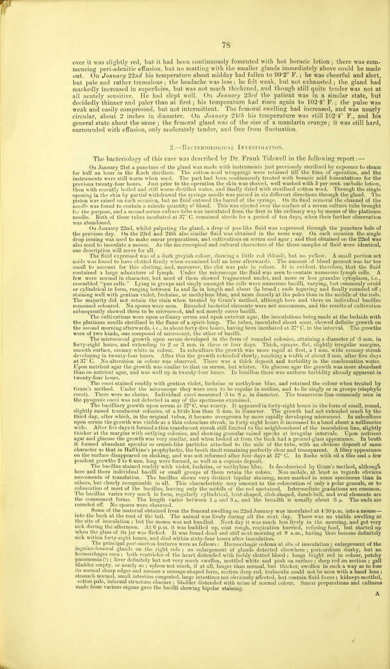 over it was slightly red, but it had been contiuuouKsly fomented witli hot boracic lotion ; there was com- mencing peri-adenitic effusion, but no matting with the smaller glands immediately above could be made out. On Januarif 22nd his temperature about midday had fallen to 99'2° F. ; he was cheerful and alert, but pale and rather tremulous ; the headache was less ; he felt weak, but not exhausted ; the gland had markedly increased in superficies, but was not much thickened, and though still quite tender was not at all acutely sensitive. He had slept well. On Januarij 23rd the patient was in a similar state, but decidedly thinner and paler than at first; his temperature had risen again to 1024° F. ; the pulse was weak and easily compressed, but not intermittent. Tfio femoral swelling had increased, and was nearly cii-cular, about 2 inches in diameter. On Janiian/ 2iih his temperature was still 102-4° F., and his general state about the same ; the femoral gland was of the size of a mandarin orange; it was still hard, surrounded with effusion, only moderately tender, and free from fluctuation. 2.—Bacteriological Investigation. The bacteriology of this case was described by Dr. Frank Tidswell in the following report:— On January 21st a puncture of the gland was made with instruments just previously sterilised by exposure to steam for half an hour in the Kocli steriliser. The cotton-wool wrappings were retained till the time of operation, and the instruments were still warm when used. Tlie i^art had been continuously treated with boracic acid fomentations for the previous twenty-four hours. Just prior to the operation the skin was shaved, well washed with 5 per cent, carbolic lotion, then with recently boiled and still warm distilled water, and finally dric<l with sterilised cotton wool. Through the single opening in the skin by partial withdrawal the syringe needle was passed in six dififerent directions through the gland. The piston wa? raised on each occasion, but no fluid entered tlis barrel of the syringe. On its final removal the channel of the needle was found to contain a minute (juantitj' of blood. This was ejected over the surface of a serum culture tube brought for the purpose, and a second serum culture tube was inoculated from the first in the ordinary way by means of the platinum needle. Both of these tubes incubated at 37° C. remained sterile for a period of ten days, wlien their further observation was abandoned. On January 22nd, whilst palpating the gland, a drop of pus-like fluid was expressed through the puncture hole of the previous day. On the 23rd and 24th also similar fluid was obtained in the same way. On each occasion the single drop issuing was used to make smear preparations, and cultivatious on serum and agar ; and that obtained on the 22nd was also used to inoculate a mouse. As the microscopical and cultural characters of the three samples of fluid were identical, one description will serve for all. The fluid expressed was of a dark greyish colour, showing a little red (blood), but no yellow. A small portion set aside was found to have clotted firmly when examined half an liour afterwards. The amount of blood present was far too small to account for this clotting, and, moreover, the clot was pale in colour. It is evident, therefore, that the fluid contained a large admixture of lymph. Under the microscope the fluid was seen to contain numerous lymph cells. A few wore normal in character, but most of them showed fragmented nuclei, and more or less granular cytoplasm, i.e., resembled pus cells. Lying in groups and singly amongst the cells were numerous bacilli, varying, but commoidy ovoid or cylindi'ical in form, ranging between 1^ and 3/i in length and about '5^4 broad ; ends tapering and finally rounded ofl'; staining well with gentian violet, f uchsinc, or methylene blue, and more densely at the poles than in the middle of the rods. The majority did not retain the stain when treated by Gram's method, although here and there an individual bacillus remained coloured. No spores wei'e seen. Eounded bacterial elements were not uncommon, and the results of cultivation subsequently showed them to be micrococci, and not merely cocco bacilli. The cultivations were upon ordinary serum and upon nutrient agar, the inoculations being made at the bedside with the platinum needle sterilised in the flame of a spirit-lamp. The tubes, inoculated about noon, showed definite growth on the second morning afterwards, i.e., in about forty-five hours, having been incubated at 37^ C. in the interval. The growths were of two kinds, one composed of micrococci, the other of bacilli. The microcoecal growth upon serum developed in tlic form of rounded colonies, attaining a diameter of '5 mm. in forty-eight hours, and extending to 2 or 3 mm. in three or four days. Thick, opaque, flat, slightly irregular margins, smooth surface, creamy white in colour. In siibculture the growth was more raj^id at first, a 1 mm. wide creamy streak developing in twenty-four hours. After this the growth extended slowlj', reaching a width of about 3 mm. after five days at 37 C. No alteration in colour was observed. There was a thick deposit and turbidity in the condensation water. Upon nutrient agar the growth was similar to that on serum, but whiter. On glucose agar the growth was more abundant than on nutrient agar, and was well up in twenty-four liours. In bouillon there was uniform turbidity already apparent in twenty-four hours. The cocci stained readily with gentian violet, fuchsine or methylene blue, and retained the colour when treated by Gram's method. Under the microscope they were seen to be regular in outline, and to lie singly or in groups (staphylo cocci). There were no chains. Individual cocci measured '5 to '8 jj.. in diameter. The transverse line commonly seen in the pyogenic cocci was not detected in any of the specimens examined. The bacilliary growth upon serum at 37 C. was scanty. It appeared in forty-eight hours in the form of small, round, slightly raised translucent colonies, of a little less than '5 mm. in diameter. The growth had not extended much by the third day, after which, in the original tubes, it became overgrown by more rapidly developing micrococci. In subculture upon serum the growth was visible as a thin colourless streak, in forty-eight hours it increased to a band about a millimetre wide. After five days it formed a thin translucent streak still limited to the neighbourhood of tlie inoculation line, slightly thicker at the margins with outlying colonies, and showing granular raised specks at irregular intervals. Upon nutrient agar and glucose the growth was very similar, and when looked at from the back had a ground-glass ajipearance. In broth it formed abundant spicular or crumb-like particles attached to the side of the tube, with an obvious deposit of same character as that in Haff'kine's prophylactic, the broth itself remaining perfectly clear and transparent. A filmy appearance on the surface disappeared on shaking, and was not reformed after four days at 37 C. In flasks with oil a film and a few pendent growths 2 to 6 mm. long were formed, as well as a copious deposit. The Jiacillus stained readily with violet, fuchsine, or methylene blue. Is decolourised by Gram's method, althougli here and there individual bacilli or small groups of them retain the colour. Non-mobile, at least as regards obvious movements of translation. The bacillus shows very distinct bipolar staining, more marked in some specimens than in others, but clearly recognisable in all. This characteristic may amount to the colouration of only a polar granule, or to colouration of most of the bacillus, leaving only tlie middle of the rod unstained. Intermediate gradations are common. The bacillus varies very much in form, regularly cylindrical, boat-shaped, club-shaped, dumb-bell, and oval elements are the commonest forms. The length varies between 1 p. and 3 fjL, and the breadth is usually about '5 ^u. The ends are rounded off. No siiores were observed. Some of the material obtained from the femoral swelling on 22nd January was inoculated at 4'30 p.m. into a mouse— into the back at tlie root of tlie tail. The animal was lively during all the next day. There was no visible swelling at the site of inoculation ; but the mouse was not handled. Next day it was much less lively in the morning, and got very sick during the afternoon. At 6 p.m. it was huddled up, coat rough, respiration hurried, refusing food, but started up when the glass of its jar was flicked. It was found dead and stiff next morning at 9 a.m., having thus become definitely sick within forty-eight hours, and died within sixty-four hours after inoculation. The principal post-mortem features were as follows : Hemorrhagic cedema at site of inoculation ; enlargement of the inguiuo-femoral glands on the right side ; no enlargement of gland's detected elsewhere ; pericardium dusky, but no h;vmorrhages seen ; both ventricles of tlie heart distended with feebly clotted blood ; lungs bright red in colour, patchy pneumonia!?) ; liver definitely but not very much swollen, mottled white and pink on surface ; deep red on section ; gall bladder empty, or nearly so ; spleen not much, if at all, longer than normal, but thicker, swollen in such a way as to lose its normal sharp edges and assume a sausage-shaped form, section deep red, trabeculaj could not be seen with a liand lens ; stomach normal, small intestine congested, large intestines not obviously affected, but contain fluid fa;ccs ; kidneys mottled, ection pale, internal structure obscure ; bladder distended with urine of normal colour. Smear preparations and cultures made from various organs gave the bacilli showing bipolar staining.
