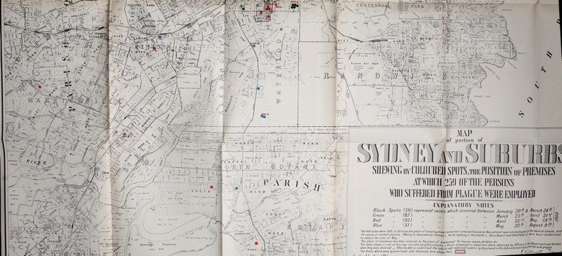 1 ^^^^^ X „-Ui^ J!i~*i I 1^ 'ooaiiH /i,ir 0 '9 MAP 'of portion of SflM\G wCOmifRED SI'OTS.TirePOSraOI^ ofPBMSES ATWUCH 259 OFTIIE PERSONS WD smmm from viaim were empidyeb EXPLANATORY NOTES B/ack Spots (29) represent cases which occurred between Januaru 20','! Si March 24 fl] Green „ (87) .. ^g^^/^ ^5^-? „ //a/v/ 2/?/ § Red „ ^52; ., , April 22f/„ ^^i/ /<9^q5? „ (51) „ „ „ „ „ May 20^.^.. ^usf 9{^\ The total cases were 303: in 30 cases flie place oF employment reihained unascertained or the patient was unemployed atlhe date orattach, and 14 cases at distant points. (Manly 9, Quarantine Station I, l^orth Sydney I, Hurstville I, Sans Soucil and Glenfield I,) have been omitted so as to reduce the size oT Map. ' The place of residence has been recl<aned as the place of employment for house-wives,children etc. , n The dales shewn in red on this map indicate neighbourhoods in which diseased or deadrals_ were observed by Officers oflm''epartmenland the lima when they were observed When the dale is underlined the rafs (ureal) referred to were riyidly proved in the laboratories to be inii ^d with plague ' ' ^^^^^^^^^^ -J _ The Areas which nere quarantined and cleansed are shewn ihus ! Jl c _ _ I „ I I _ _ I I 14 f _