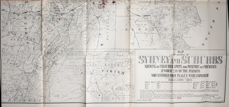 f KINGSTON, , WARDr ^ ^—ij»M/?:«>'i| — — N, V DULWICH *HILL- ~m;u«5!'^ia-iBJ/^ ■5,^ 4 <4 ^1 F N T R A L ,: liaiidwiclt Itace W ^> R ah 11 c<oa rooclU! 11,11- 0 Pan of \fmda-s 'fi'ac iide Al Of 8224. SOUTH /itcofl Reclaimed I20ac Or l*iirposes -/ C 0 0, K \ MAP of portion of SflEHTN&BrCOlDIlEDSPUTS/riiEPflSJTlUIoFPIIMSES ATMCH 259 OFTHE PERSONS MO SlIFfMn FRflM PUlilJE TOKE EMPLOYED EXPLANATORY NOTES Black Spots (29) represent cases which occurred between January 20'^ & March 24(■ \ ., March 25i''. .. /^PrU 2l^t\% April 221^.. I^^U May 20^.'!.. Afffusf 9 (f! ] Green Red Blue (87) (92) (51) The lofal cases were 303: in 30 cases the place oF employment remained unascertained or Ihe patient was unemployed alike date or g/tack, and 14 cases at distant points. (Manly 9, Quarantine Station I, t^orlh Sydney I, Hurstnlle I. Sans Soucil and GlenFieldI,) Mfe been omittedsoas to reduce Ihe size of Map. The place of'residence has been recl<oned as Ihe place oF emptoiimeni For house-wives,children etc. eiheOen j u ■ The dales shewn in red on Ihis map indicate neighbourhoods in which diseased or dead rats were observed by OFficers'' Pfrtment and the lime when Ihey were observed _ When the dale is underlined Ihe ra/s(orcal) referred to were rigidly proved in Ihe Laboratorieslooe mtn plague The Areas which were quarantined and cleansed ape shewn thus f I Sca/e_4 Inches-i Mile