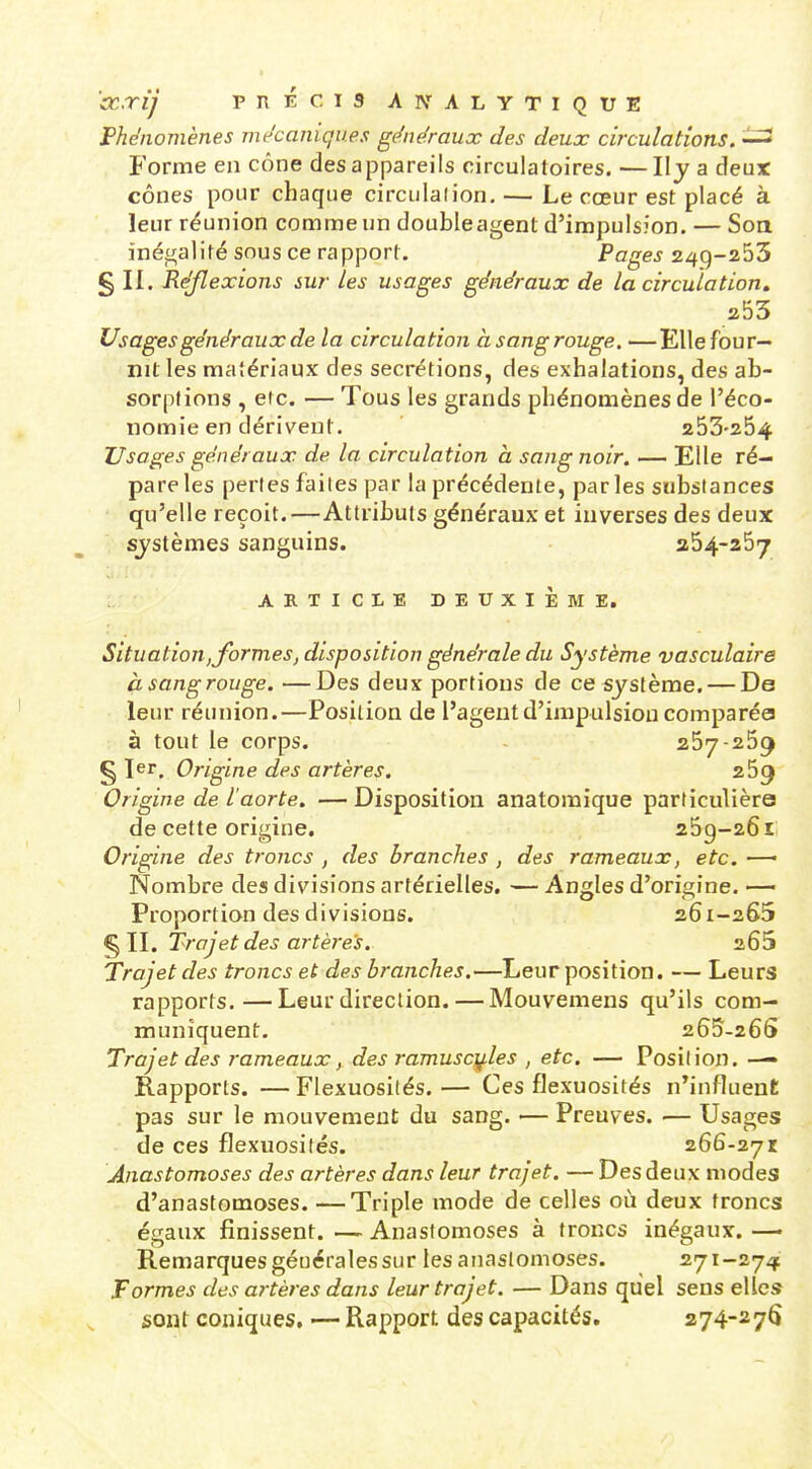 sc.rij pnÉc.is an^alytique Phénomènes vie'caniques généraux des deux circulations. Forme en cône des appareils circulatoires. — II j a deux cônes pour chaque circulalion, — Le cœur est placé à leur réunion comme un double agent d'impulsion. — Son inégalité sous ce rapport. Pages 249-253 §11. Réjlexions sur les usages généraux de la circulation, 253 Usages généraux de la circulation à sang rouge, —Elle four- nit les matériaux des sécrétions, des exhalations, des ab- sorptions , etc. — Tous les grands phénomènes de l'éco- nomie en dérivent. 253-254 Usages généraux de la circulation à sang noir. — Elle ré- pare les [)ertes failes par la précédente, parles substances qu'elle reçoit.—Attributs généraux et inverses des deux systèmes sanguins. 354-257 ARTICLE DEUXIÈME. Situation, formes, disposition générale du Système vasculaire à sang rouge. —Des deux portions de ce système. — De leur réunion.—Position de l'agent d'impulsion comparés à tout le corps. 257-259 g 1er. Origine des artères. z5g Origine de l'aorte. — Disposition anatomique particulière de cette origine, 259-261 Origine des troncs , des branches , des rameaux, etc. —■ Nombre des divisions artérielles. — Angles d'origine. — Proportion des divisions. 261-265 ^\\. Trajet des artères. 265 Trajet des troncs et des branches.—Leur position. — Leurs rapports.—Leur direction. — Mouvemens qu'ils com- muniquent. 265-265 Trajet des rameaux, des ramuscy.les , etc. — Posilion. — Rapports. — Flexuosilés. — Ces flexuosités n'influent pas sur le mouvement du sang. — Preuves. — Usages de ces flexuosités. 266-271 Anastomoses des artères dans leur trajet. — Des deux modes d'anastomoses. —Triple mode de celles où deux troncs égaux finissent. — Anastomoses à troncs inégaux. — Remarques générales sur les anastomoses. 271-27^ Formes des artères dans leur trajet. — Dans quel sens elles sont coniques. — Rapport des capacités. 274-27$