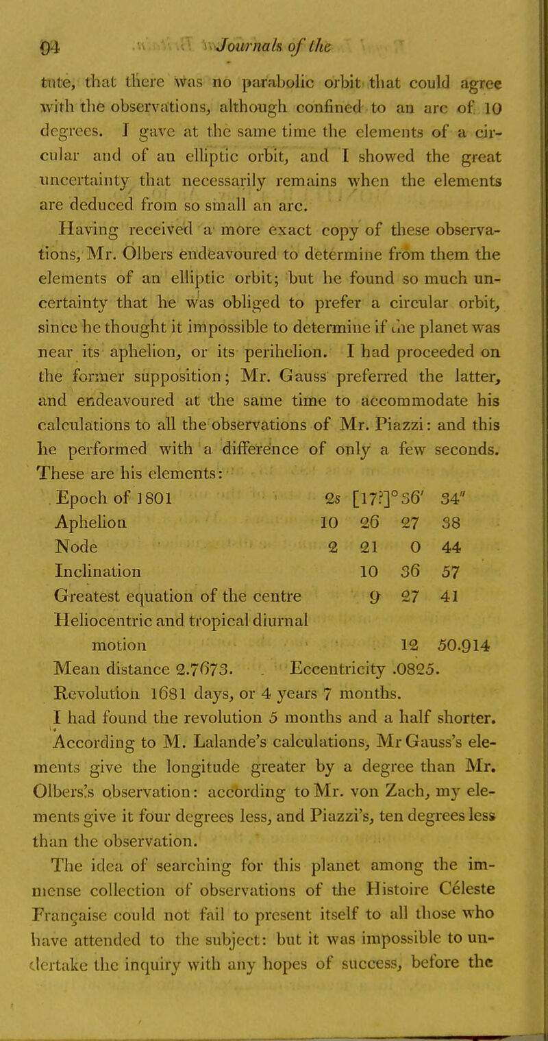 tute, that there was no parabolic orbit that could agree with the observations, although confined to an arc of 10 degrees. I gave at the same time the elements of a cir- cular and of an elliptic orbit, and I showed the great uncertainty that necessarily remains when the elements are deduced from so small an arc. Having received a more exact copy of these observa- tions, Mr. Olbers endeavoured to determine from them the elements of an elliptic orbit; but he found so much un- certainty that he was obliged to prefer a circular orbit, since he thought it impossible to determine if the planet was near its aphelion, or its perihelion. I had proceeded on the former supposition; Mr. Gauss preferred the latter, and endeavoured at the same time to accommodate his calculations to all the observations of Mr. Piazzi: and this lie performed with a difference of only a few seconds. These are his elements: Epoch of 1801 2s [17?]°36' 34 Aphelion 10 26 27 38 Node 2 21 0 44 Inclination 10 36 57 Greatest equation of the centre Q 27 41 Heliocentric and tropical diurnal motion 12 50-914 Mean distance 2.7673. Eccentricity .0825. Revolution 1681 days, or 4 years 7 months. I had found the revolution 5 months and a half shorter. According to M. Lalande's calculations, Mr Gauss's ele- ments give the longitude greater by a degree than Mr. Olbers^s observation: according to Mr. von Zach, my ele- ments give it four degrees less, and Piazzi's, ten degrees less than the observation. The idea of searching for this planet among the im- mense collection of observations of the Histoire Celeste Franchise could not fail to present itself to all those who have attended to the subject: but it was impossible to un- dertake the inquiry with any hopes of success, before the