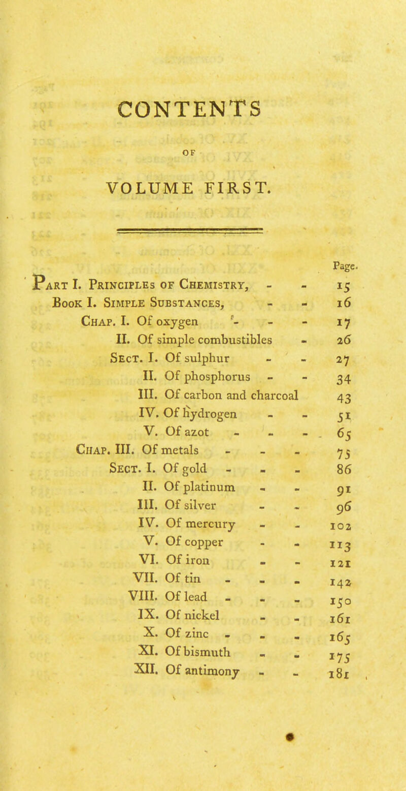 CONTENTS OF VOLUME FIRST. Page. Part I. Principles of Chemistry, - - 15 Book I. Simple Substances, - - 16 Chap. I. Of oxygen - - 17 II. Of simple combustibles - 26 Sect. I. Of sulphur _ _ 27 II. Of phosphorus - - 34 III. Of carbon and charcoal 43 IV. Of liydrogen - - 51 V. Ofazot - - - - 65 CilAP. III. Of metals - - _ 75 Sect. I. Of gold - - _ 86 II. Of platinum - - gi III. Of silver - - 96 IV. Of mercury - - 102 V. Of copper - . 11 ^ VI. Of iron . - X2i VII. Of tin - - - 142- VIII. Of lead - - . IX. Of nickel - . j5j X. Of zinc - . _ XI. Of bismuth - _ XII. Of antimony . _ jg^