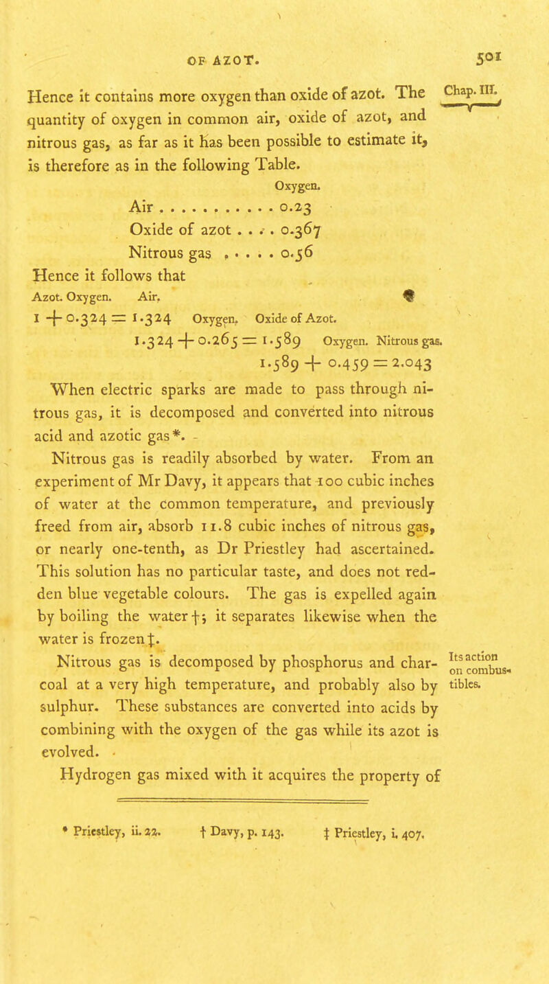 OF AZOT. 5°^ Hence it contains more oxygen than oxide of azot. The Chap, iir.^ quantity of oxygen in common air, oxide of azot, and nitrous gas, as far as it has been possible to estimate it, is therefore as in the following Table. Oxygen. Air 0.23 Oxide of azot .... 0-367 Nitrous gas , .... 0.56 Hence it follows that Azot. Oxygen. Air, ♦ I -|-0.324 =: 1.324 Oxygen, Oxide of Azot. 1.324-f-O'i^J = 1.589 Oxygen. Nitrous gas. 1.389 + 0.459 = 2.043 When electric sparks are made to pass through ni- trous gas, it is decomposed and converted into nitrous acid and azotic gas*. - Nitrous gas is readily absorbed by water. From an experiment of Mr Davy, it appears that -100 cubic inches of water at the common temperature, and previously freed from air, absorb 11.8 cubic inches of nitrous gas, or nearly one-tenth, as Dr Priestley had ascertained. This solution has no particular taste, and does not red- den blue vegetable colours. The gas is expelled again by boiling the water-j-5 it separates likewise when the water is frozen Nitrous gas is decomposed by phosphorus and char- oncombus- coal at a very high temperature, and probably also by tiblcs. sulphur. These substances are converted into acids by combining with the oxygen of the gas while its azot is evolved. Hydrogen gas mixed with it acquires the property of • Priestley, ii. 2%. \ Davy, p. 143. | Priestley, 1407.