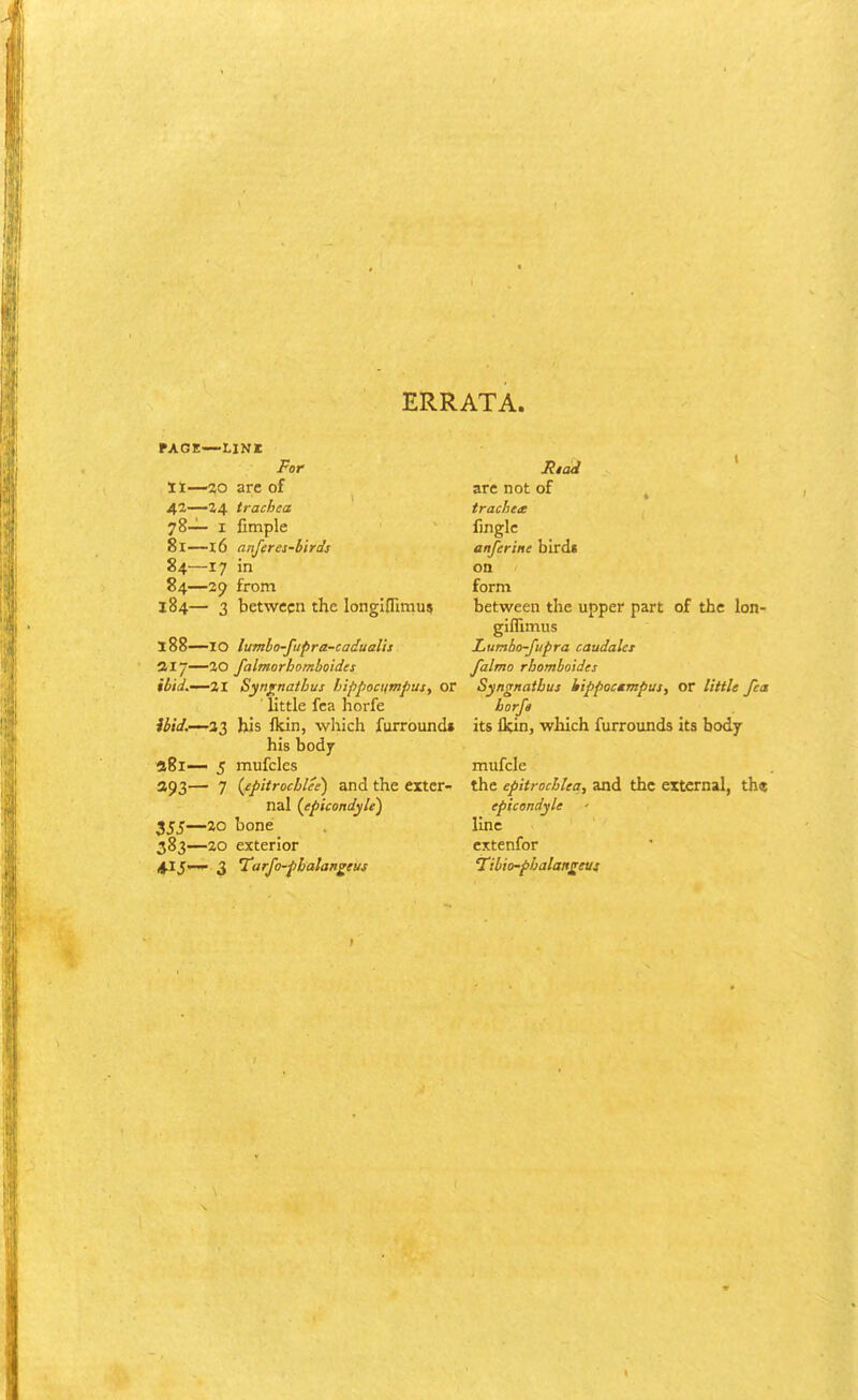 ERRATA. FACE—tlNI For It—30 are of 42—24 trachea 78— I Cmple 81—16 anferes-blrds 84—17 in 84—39 from 184— 3 between the longlflimu? 388—10 lumlo-fupra-cadualU ai—30 falmorhomhoides ibid.—IX Synj^naihus hippocumpus. Of little fca norfe ibid.—~23 his fldn, wliich furroundi his bodj aSi— 5 mufcles 393— 7 {ipitrochlee) and the exter- nal {ipicondyle) 355—20 bone_ 383—20 exterior 415— 3 Tarfo-pbalan^eus Riad are not of finglc anjerine bird« OQ form between the upper part of the lon- giflimus Lumbo-fupra caudalcs falmo rhomboides Syngnatbus hippocMmpusy or little fca borJ» its ikin, which furrounds its body mufcle the epitrocblea, and the external, the epicendyle line cxtenfor Tibio-phalangeut