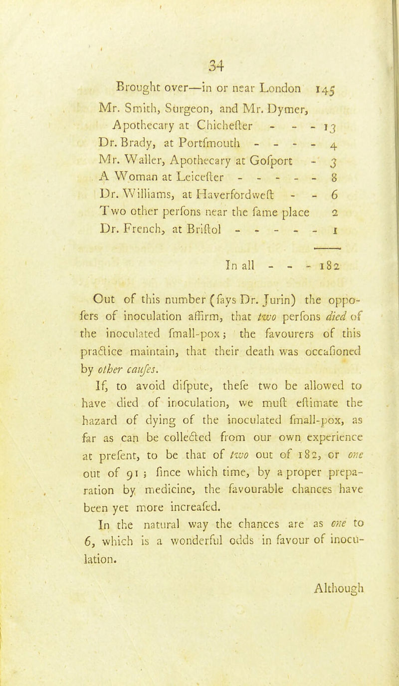 Brought over—in or near London 145 Mr. Smith, Surgeon, and Mr. Dymer, Apothecary at Chichefter - - - 13 Dr. Brady, at Portfmouth - - - . 4 Mr. Waller, Apothecary at Gofport - 3 A Woman at Leicefter ----- 8 Dr. Williams, at Haverfordweft - - 6 Two other perfons near the fame place 1 Dr. French, at Briftol ----- 1 In all - - - 182 Out of this number (fays Dr. Jurin) the oppo- fers of inoculation affirm, that two perfons died of the inoculated fmall-pox; the favourers of this pradice maintain, that their death was occafioncd by other caiijes. If, to avoid difpute, thefe two be allowed to have died of inoculation, we muft eflimate the hazard of dying of the inoculated fmall-pox, as far as can be colle£led from our own experience at prefent, to be that of fvoo out of 182, or one out of 91 ; fince which time, by a proper prepa- ration by medicine, the favourable chances have been yet more increafcd. In the natural way the chances are as one to 6, which is a wonderful odds in favour of inocu- lation. Although