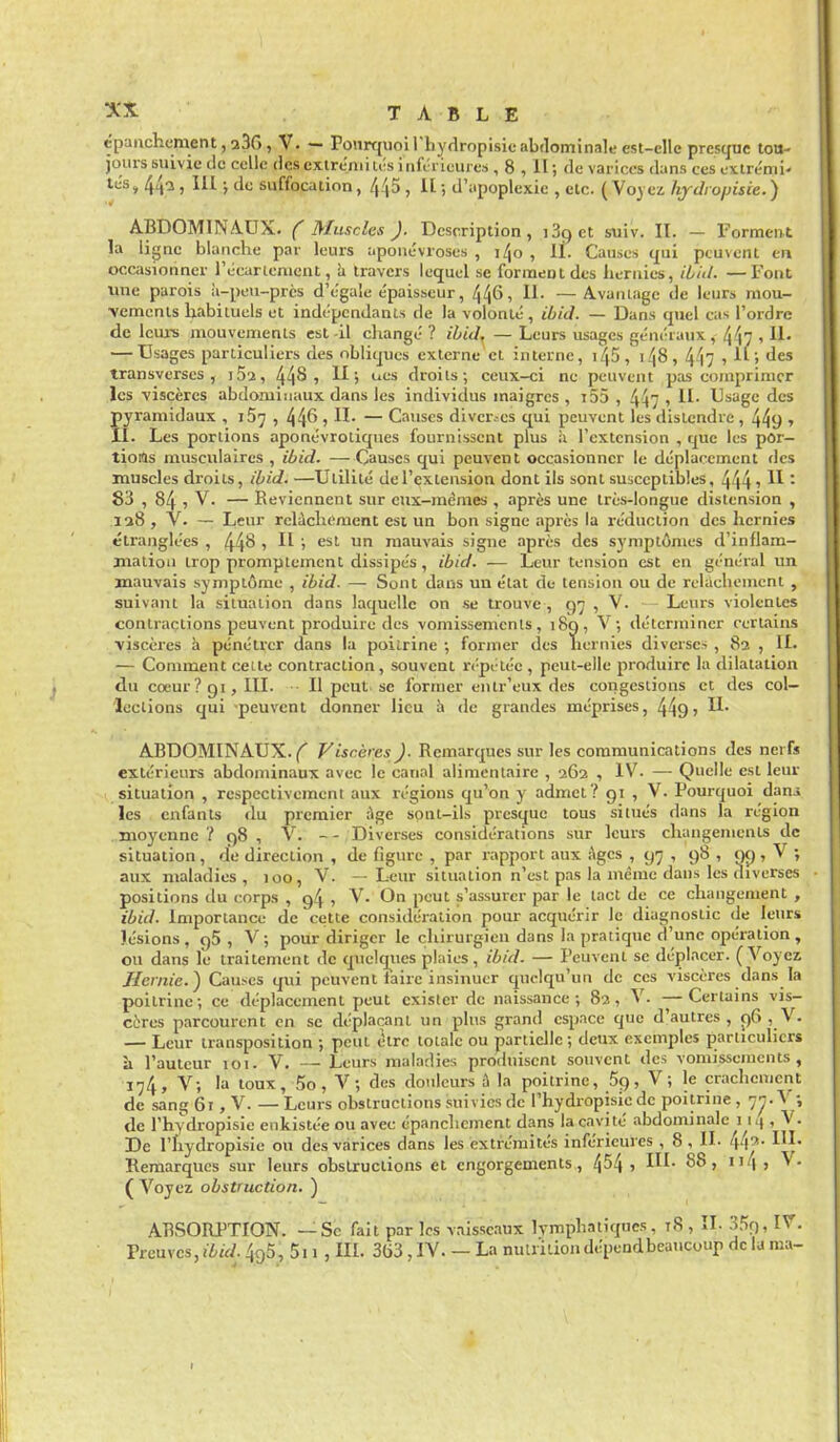 epaiichcment, a36, V. — Ponrfjuoirhydropisic abdominale est-elle presque tott- jours suivie do celle des cxlrénii u^s i tifcricui es , 8 , II ; de varices dans ces cxlrémi- lés, , 111 ; de suffocation, 445 , Il ; d'apoplexie , etc. ( Vo) ei hjdiopisie. ) ABDOMINAUX. (Muscles ). Description, iSget suiv. II. - 1 ormeiit la ligne blanche par leurs aponévroses , i4o , 11. Causes qui peuvent en occasionner récarienicnt, h travers lequel se forment des hernies, ibiil. —Font une parois à-peu-prcs d'égale épaisseur, 446, II. — Avantage de leurs mou- Tcmenis habituels et indépendants de la volonté, ibid. — Dans qnel cas l'ordre de Icui-s mouvements est -il changé ? ibij, — Leurs usages généraux, 41? < — Usages particuliers des obliques externe et interne, i45, i48, 4-l7 -, transverses, iSa, 44^1 ^^'i '^^'^ droits; ceux-ci ne peuvent pas comprimer les viscères abdominaux dans les individus maigres , i55 , 4^7 -, H- Usage des pyramidaux , i57 , 446 j H- — Causes diver.-es qui peuvent les distendre, 449 i IL Les portions aponévrotiques fournissent plus à l'extension , que les por- tions musculaires , ibid. —Causes qui peuvent occasionner le déplacement des muscles di'oits, ibid. —Utilité del'extension dont ils sont susceptibles, 444 ' • 83 , 84 5 V. — Reviennent sur eux-mêmes , après une très-longue distension , ia8 , V. — Leur relâchement est un bon signe après la réduction des hernies étranglées , 44^ i H i est un mauvais signe après des symptômes d'inflam- mation trop promptement dissipés , ibid. — Leur tension est en général un mauvais symptôme , ibid. — Sont dans un état do tension ou de relâchement , suivant la situation dans laquelle on se trouve , 97 , V. Leurs violentes contractions peuvent produire des vomissements, 189, V; déterminer certains viscères à pénétrer dans lu poiirine ; former des hernies diverses , 83 , IL — Comment celle contraction, souvent n'pciée , peut-elle produire la dilatation du cœur? 91, III. Il peut se former entr'eux des congestions et des col- lections qui peuvent donner lieu h de grandes méprises, 449? ABDOMINAUX. Viscères). Remarques sur les communications des nerfs extérieurs abdominaux avec le canal alimentaire , 262 , IV. — Quelle est leur situation , respectivement aux régions qu'on y admet? 91 , V. Pourquoi dan.s les enfants du premier âge spnt-ils presque tous situés dans la région moyenne ? 98 , V. - - Diverses considérations sur leurs changements de situation , de direction , de figure , par rapport aux âges , 97 , 98 , 99 , V -, aux maladies , 100, V. — Leur situation n'est pas la même dans les diverses positions du corps , 94 , V. On peut s'assurer par le tact de ce changement , ibid. Importance de cette considération pour acquérir le diagnostic de leurs lésions, 95 , V; pour diriger le chirurgien dans la pratique d'une opération, ou dans le traitement de quelqiies plaies , ibid. — Peuvent se déplacer. (Voyez. Hernie.) Causes qui peuvent faire insinuer quelqu'un de ces viscères dans la poitrine; ce déplacement peut exister de naissance; 82, V. —Certains vis- cères parcourent en se déplaçant un pins grand espace que d'autres, f)6 , V. — Leur transposition ; peut être totale ou partielle; deux exemples particuliers à l'auteur 101. V. — Leurs maladies produisent souvent des vomissements, 174, V; la toux, 5o, V; des douleurs à la poitrine, Sp, V; le crachement de sang 6t , V. — Leurs obstructions suivies de l'hydropisic de poitrine , 7^. V; de l'hydropisie enkistée ou avec épanchcment dans la cavité abdominale 11,1, V. De rhydropisie ou des varices dans les extrémités inférieures , 8 , H- 44^- I'^- Remarques sur leurs obstructions et engorgements, 454 ? ^8, ii4j V- ( Voyez obstruction. ) ABSORPTION. —Se fait par les vaisseaux lymphatiques, 18 , II. 3Ji(), IV.