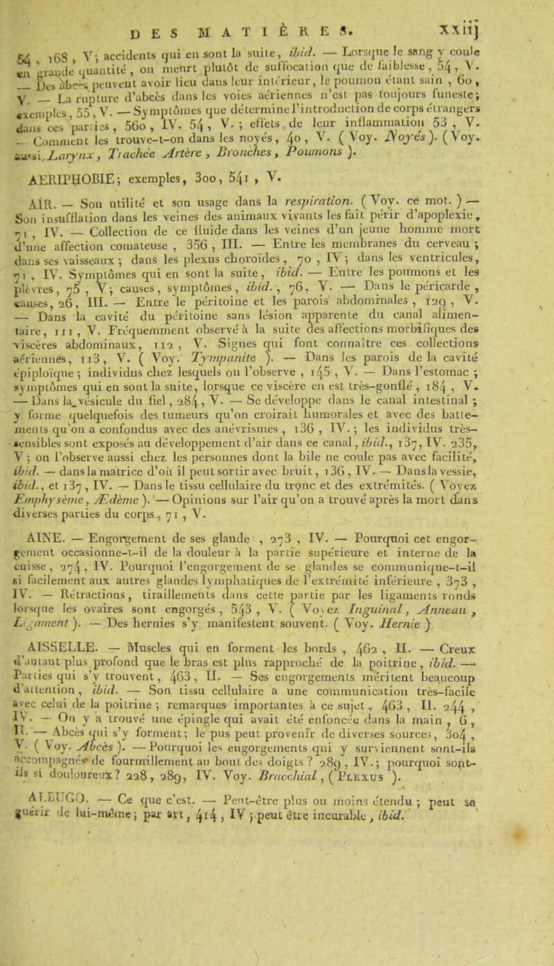 5C i6S V-, accidents qui en sont la suite, iùitl. — Lors(]nc Je sang y coule «n mande'uuântitc , on meurt plutôt (le sulïocaiion cjue de faiblesse , 54 , V. _ L)esi»fe^peuvent avoir lieu dans leur inlc'ricur, le poumon étant sain , 60, V — La rupture d'abcès dans les voies aériennes n'est pas toujours funeste; «ïcniplcs 55 V. —Symptômes que détermine l'introduction de corps étrangers aans ces'par:'i-;^ , 56o, IV. 5/,, V.; effets de leur inllammation 53 V. — Comment les trouve-t-on dans les noyés, 40, V. ( Voy. jyojrcs). (Voy. AUMlJLaiyftx, Trachée Artère, Bronches, Poumons). AERIPHOBIE; exemples, 3oo, 54i , V. AIR. — Sou utilité et son usage dans la respiration. {Yoj. ce mot. ) — Son insufflation dans les veines des animaux vivants les fait périr d'apoplexie, -, ^ IV. Collection de ce Iluide dans les veines d'un jeune homme mort d'une affection comateuse , 356 , HI. — Entre les membranes du cerveau ; dans ses vaisseaux ; dans les plexus choroïdes , 70,1V-, dans les ventricules, , IV. Symptômes qui en sont la suite, ihid. — Entre les poumons et les plèvres, ij5 , V; causes, symptômes, ibid. , 76, V. — Dans le péricarde , «auses, 26, m. — Entre le péritoine et les parois' abdominales , laq , V. — Dans la cavité du péritoine sans lésion apparente du canal alimen- taire, III, V. Fréquemment observé Ji la suite des affections morbi/îqucs des •viscères abdominaux, 112, V. Signes qui font connaître ces collections aériennes, ii3, V. ( Voy.' Tyinpanile ). — Dans les parois delà cavité épiploïque -, individus chez lesquels ou l'observe , i4f> > V. — Dans l'estomac ; symptômes qui en sont la suite, lorsque ce viscère en est irès-gonflé , 184 , V. — Dans la_vésicule du fiel, 'i^!^, V. — Se développe dans le canal intestinal ; V forme (quelquefois des tumeurs qu'on croirait humorales et avec des batte- ments qu'on a confondus avec des anévrismes , i36 , IV.; les individus très— fensibles sont exposés au développement d'air dans ee canal, ibid., 137, IV. a35, V ; on l'observe aussi chez les personnes dont la bile ne coule pas avec facilité, ihid. — dans la matrice d'où il peut sortir avec bruit, i3G, IV. — Dansia vessie, ibid., et i37 , IV. — Dans le tissu cellulaire du tronc et des extrémités. ( Voy ex Emphysème, jEdème ). '—Opinions sur l'air qu'on a trouvé après la mort dans diverses parties du cor^»^ 71 , V. AINE. — Engorgement de ses glande , -273 , IV. — Pourcpioi cet engor- gement occasionne-i-il de la douleur à la partie supérieure et interne de la cuisse, 274 •) IV. Pour(pioi l'engorgement de se glandes se communique-t-il si facilement aux autres glandes lyniphaii{£ues de l'extrémité inférieure , 373 , IV. — Rétractions, tiraillements dans cette partie par les ligaments ronds lorsque les ovaires sont engorgés, 543 , V. ( Vocz Inguinal, Anneau, Ligament ). — Des hernies s'y manifestent souvent. ( Voy. Hernie ). AISSELLE. — Muscles qui en forment les bords , ^61 , II. — Creux d'autant plus profond que le bras est plus rapproché de la poitrine, ibid. —■ Parties qui s'y trouvent, 463, II. — Ses engorgements méritent beaucoup d'attention, ibid. — Son tissu cellulaire a une communication très-facile avec celui de la poitrine; remarques importantes à ce sujet, 463 , II. 244 ^ IV. — On y a trouvé une épingle qui avait été enfoncée dans la main , 6 , î^ '—Abcès qui s'y forment; le pus peut provenir de diverses source?, jo4 , V. ( Voy. Abcès ). —Pourquoi les engorgements qui y surviennent sont-ils accompagni-s-de fourmillement au bout des doigts? sSc) , IV.; poun^uoi sopt- ils si doulonrc'iï? 228, 28g, IV. Voy. .B/-rtccAiW,( Plexus ). ALELGO. — Ce que c'est. — Pe'it-ètre plus ou moins étendu ; peut Sfl guérir de lui-m«!me ; par ai t, 414 , IV j peut (îtic inctuable , ibid. '