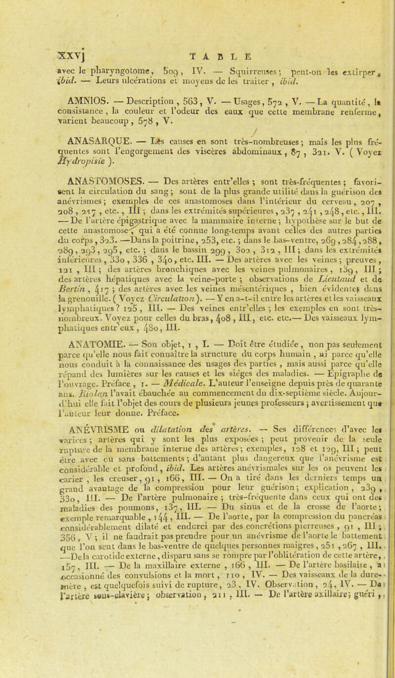 »vec le pliaryngolome, Sog, IV. — Squirrcuscs •, pcnl-on les extirper, ibid. — Leurs ulccraiions el mojens de les traiter , ibul. AMNIOS. — Description , 563, V. —Usages, 572 , V. —La cpantité, I« consistance , la couleur et l'odeur des eaux que cette membrane renferme, varient beaucoup , 678 , V. / ANASARQUE. — Lès causes en sont très-nombreuses ; mais les pins fré- quentes sont l'engorgement des viscères abdominaux, 87 , Zii. V. ( Vojcï Jly dropisie ), ANASTOMOSES.— Des artères entr'elles ; sont très-frcqncnles ; favori- sent la circulation du sang ; sont de la plus grande utilité dans la guérison des anévrismes ; exemples de ces anastomoses dans l'intérieur du cerveau, 207, 308 , 217 , etc., III ; dans les extrémités supérieures, 237 , 2^t , 248 , etc., 111. — De raiière épigastriquc avec la mammaire interne-, liypotlièse sur le but de- celtc anastomosc^qui a été connue long-temps avant celles des autres parties du corps , 323. —Dans la poitrine, 253, etc. ; dans le bas-ventre, 26g , 284 ,288, '289, 2f)3, 295, etc. •, dans le bassin 29g , Boa , 3i2 , III; dans les exirémités intérienrcs , 33o , 336 , 34o, etc. III. — Des artères avec les veines preuves, 121 , III; des artères bronchiques avec les veines pulmonaires , iBg, 111; des artères hépatiques avec la veine-porle ; observations de Licutaud et d« Berlin , 4'7 » ^'^^ artères avec les veines méscntériqucs , bien évidcntcf d;.ns la grenouille. ( Voyez Circulation). — Y en a-t-il entre les artères elles vaisseaux lymphaiiques ? i25, III. — Des veines cnlr'ellcs ; les exemples en sont très- iioiiibreux. Voyez pour celles dubr.Hs, 4o8 , III, eic. etc.— Des vaisseaux lym- phatiques enlr eux , 4S0, 111. ATVATOMIE. — Son objet, 1 , L — Doit èlre étudiée, non pas seufemcnt parce qu'elle nous fait connaître la structure du corps humain , ui parce qu'elle nous conduit h la connaissance des usages des parties , mais aussi parce qu'elle répand des lumières sur les causes et les sièges des maladies. — Epigraphe de l'ouvrage. Préface , i- — Médicale. L'auteur l'enseigne depuis près de quarante ans. liiolnn l'avait ébauchée au commencement du dix-septième siècle. Aujour- tl'hui elle fait l'objet des cours de plusieurs jeunes proCesseurs \ avertissement qut l'aiileur leur donne. Préface. ANÉVRISME ou dilatation des artères. — Ses différence^! d'avec les warices ; artères qui y sont les plus exposées -, peut provenir de la j-eule rupUu'c de la membrane inlerue des artères; exemples, 128 et 12g, III; peut cire avec ou sans batioments ; d'autant plus dangereux que l'anévrisme est considérable et profond, ibid. Les artères anévrismales sm- les os peuvent le* . carier , les creuser, gi , 166, III. — On a tiré dans les derniers temps ua . grand avantage de la compression pour leur guérison; explication, 23q ,, 33o, m. — De l'artère pulmonaire; très-fréquente dans ceux qui ont des maladies des poumons, 137, 111. — Du sinus et de la crosse de l'aorte; exemple remarquable , i44 ) — De l'aorte, par la compression du pancréas <;onsidérablement dilaté et endurci par des concrétions pierreuses , gi , 111 ; 356, V ; il ne faudrait pas prendre pour un anévrisme de l'aorte le battement que l'on sent dans le bas-ventre de quelques personnes maigres , 25i , 267 , 111.. , Delà carolidc externe, disparu sans se rompre par l'obliléraiion de cotte artère,, 157, III. — De la maxillaire externe , 166 , III. — De l'artère basilaite, ai occasionné des convulsions et la mort, 110 , IV. — Des vaisseaux de la dure-- »uèvc , est quelquefois suivi de rupture, 23 , IV. Observ.ition, 24> IV. — Dsi l'arlcrc »«u«-»ilavière j observation, an , lU. — De l'artère asiUaire; guéri |,