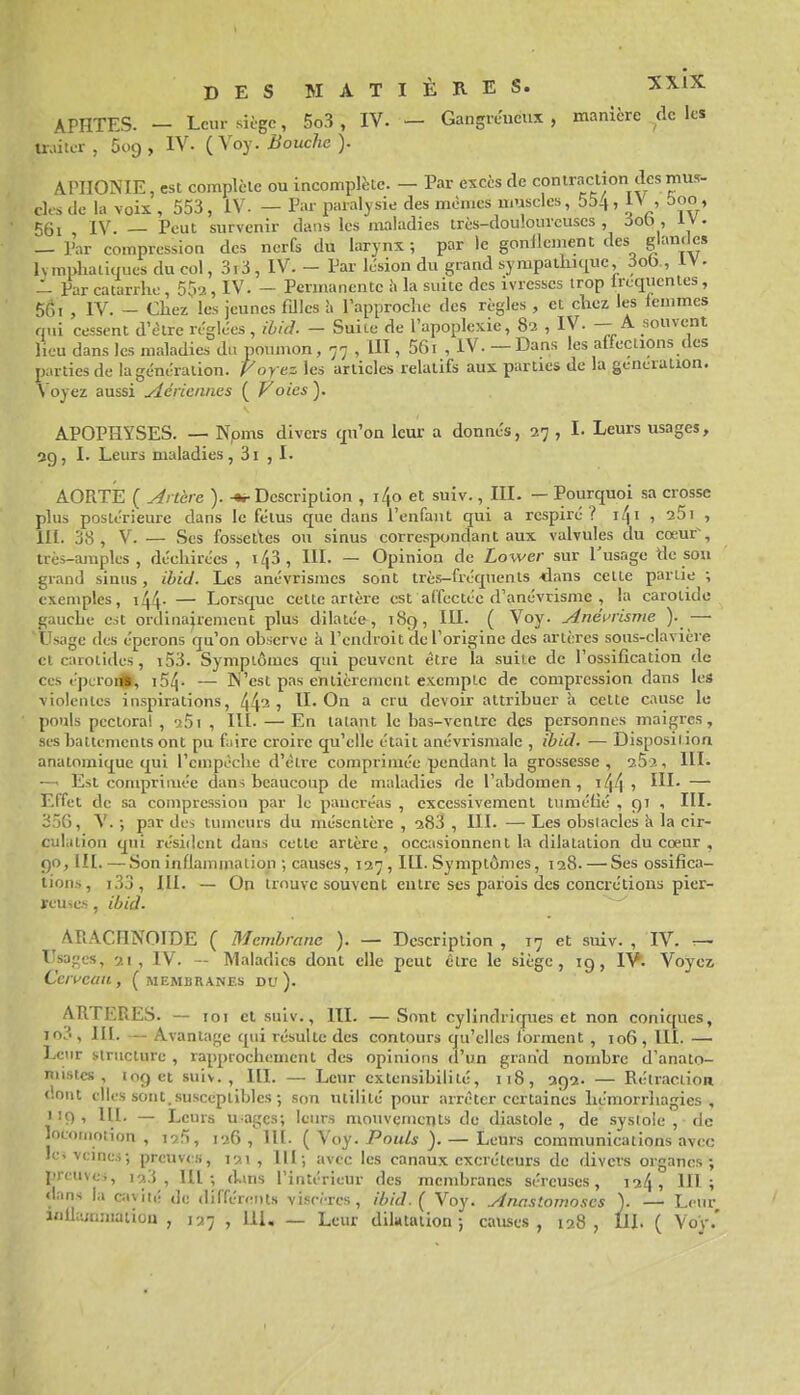 APHTES. — Leur siî-gc, 5o3 , IV. — Gangreneux , manière de ks miter , 509 , IV. ( Voy. Bouche ). APHONIE, est complclc ou incomplète. — Par excès de contraction des mus- cles de la voix , 553, IV. — Par paralysie des mômes muscles, 554, i> , boo, 56i IV. _ Peut survenir dans les maladies très-douiourcuses , 5oi3 , iv. — Par compression des nerfs du larynx; par le gonllement des Ivmphaliques du col, 3i3, IV. - Par lésion du grand sympatlmiue 3ob., IV. — Par catarrhe, 553, IV. - Permanente h la suite des ivresses trop ircciucnles, 5g, , IV. - Chez les jeunes fdles îi l'approche des règles , et chez les iemmes nui cessent dV-trc réglées, iùid. - Suite de l'apoplexie, 83 , IV. — A souvent lieu dans les maladies du poumon, 77 , HT , 561 , IV. —Dans les affections des parties de la génération. F oyez les articles relatifs aux parties de la génération. A oyez aussi yléricanes ( Voies ). APOPHYSES. — Npms divers qu'on leur a donnés, 27 , I. Leurs usages, 29, I. Leurs maladies, 3i , I. AORTIE ( Artère ). Description , i4o et suiv., III. — Pourquoi sa crosse plus postérieure dans le fétus que dans l'enfant qui a respiré ? i/ji , 25i , IH. 38, V. — Ses fossettes ou sinus correspondant aux valvules du cœur\ très-amples, déchirées , i43, IH- — Opinion de Lower sur l'usage tle sou grand sinus, ihid. Les anévrismcs sont très-fréquents •dans celle pariie ; exemples, i44- — Lorsque celte artère est affectée d'anévrisme , la carolidc gauche est ordinairement plus dilatée, 189, III. ( Voy. Anéi>risme ). — Usage des éperons qu'on observe k l'endroit de l'origine des artères sous-clavière et carotides , ï53. Symptômes qui peuvent être la suite de l'ossification de ces éptroA, i54- — West pas entièrement exemple de compression dans les violentes inspirations, 443? H. On a cru devoir attribuer k cette cause le pouls pectoral , 55i , lU. — En laïaut le bas-ventre des personnes maigres, ses hattemenls ont pu f;iirc croire qu'elle était anévrismale , ibid. — Disposilion anatoraique qui l'empêche d'être comprimée pendant la grossesse, aSa, HI- — Est comprimée dans beaucoup de maladies de l'abdomen, i44 1 HI. — Effet de sa compression par le pancréas , excessivement tuméfié , 97 , III- 356, \. ; par des tumeurs du mésentère , 383 , III. — Les obstacles k la cir- cul.iiion qui résident dans cette artère, occasionnent la dilaïalion du cœur , 90,1I[. —Son inflammation ; causes, 137 , III. Symptômes, 138. — Ses ossifica- tions, i33, III. — On trouve souvent eiilre ses parois des concrétions picr- reuies , ibid. APiACHNOIDE ( Membrane ). — Description , 17 et suiv. , IV. r- lîsages, 21, IV. — Maladies dont elle peut être le siège, 19, Voyez Cerveau, (membranes du). ARTERES. — loi cl suiv., III. —Sont cylindriques et non coniques, io3 , III. — Avantage qui résulte des contours qu'elles Ibrment , 106 , lll. — Leur structure , rapprochement des opinions d'un grand nombre d'anato- niistcs , log et suiv., III. — Leur extensibilité, 118, 292. — Rétraction <.out elles sont..susceptibles ; son utilité pour arrêter certaines hémorrliagies , 119, UI. — Leurs uagcs; leurs mouvements de diastole, de systole , de locomotion , 19.5, 136 , III. ( Voy. Pouls ). — Leurs communications avec le> veines; preuves, 131, 111; avec les canaux excréteurs de divers organes; preuves, 1x3, Hl ; dms l'intérieur des membranes séreuses, 134, 111; dans la cavii,; Je différents visc-Tcs , ibid.{ Voy. Anaslomoses ). — Leur nillajriniaiioa , 137 , 111. — Leur diktaiion ; causes, 128, 111. ( Voy.*