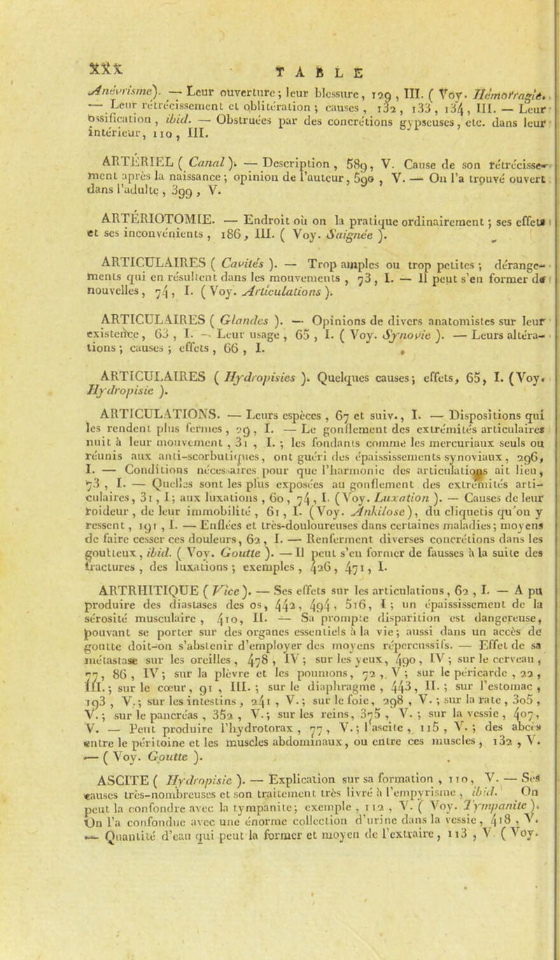 TABLE uinwrisme). — Leur ouverture; leur blessure, 170 , IIL ( Voy. Hèmofragîi» — Leur rL-U-c'cisseiucnl cl obliulraiion ; causes , i3a , i33 , i34 , IIL — Leur b^sificaiion , ibid. — Obstruées par des concrétions gvpscuses, etc. dans leur intérieur, 110, HI. ARTERIEL ( Cfl«rtZ> — Description, 589, V. Cause de son rétrccisse»^ Jncnt :iprès la naissance ; opinion de l'auteur, Sgo , V. — On l'a trpuvé ouvert dans l'adulte , 399 , V. ARTERIOTOMIE. — Endroit oii on la pratique ordinairement ; ses cffeU et SCS inconvénients , 186, 111. ( Voy. Saignée ). ARTICULAIRES ( Cavités ). — Trop amples ou trop petites ; dérange- ments qui en résultent dans les mouvements , ^3 , I. — Il peut s'en former d* nouvelles , rj^, I. ( Voy. Aidculalions ). ARTICULAIRES ( Glandes ). — Opinions de divers anatomistes sur leur existence, 63 , I. — Leur usage, 65 , I. ( Voy. Synovie ). — Leurs altéra- lions ; causes ; eÛcts , 66 , I. , ARTICULAIRES Hjdiopisies )^ Quelques causes; effets, 65, I. (Voy. Hj dropisie ). ARTICULATIONS. — Leurs espèces , 67 et suiv-, I. — Dispositions qui les rendent plus fermes, 99, I. —Le gonflement des extrémités articulaire* nuit à leur mouvement , 3i , I. ; les fondants comme les mercuriaux seuls ou réunis aux auii-scorbuti<jues, ont guéri des épaississements synoviaux, 296» I. — Conditions néces.aires pour que l'harmonie des articulali(ms ait lieu, ^3 , I. — Quelles sont les plus exposées au gonflement des extrémités arti- culaires, 3i, I; aux luxations , 60 , 74 1 (Voy. Luxation ). — Causes de leur toideur, de leur immobilité, 61, L (Voy. Jlnkilose'), du cliquetis qu'on y ressent, 191 ,1. — Enflées et trcs-douloureuscs dans certaines maladies; moyens de faire cesser ces douleurs, 62, I. — Renferment diverses concrétions dans les goutteux, ibid. ( Vov. Goutte ). —Il peut s'en former de fausses î» la suite des Iractures , des luxations; exemples, 426, 47'> ARTRHITIQUE ( Vice) Ses effets sur les articulations, 62 , L — A pu produire des diastases des os, 44^' 494' 5i6, l; un épaississcmcut de la sérosité musculaire, 4^» ~ P™'ï'P'c disparition est dangereuse, jpouvant se porter sur des organes essentiels h la vie; aussi dans un accès de goutte doit-on s'abstenir d'employer des moyens répercussifs. — Effet de sa métastase sur les oreilles, 47^» ^V ; sur les yeux, 490, IV; sur le cerveau , 77, 86, IV; sur la plèvre et les poumons, 73 ,. V ; sur le péricarde , 23 , lll.; sur le cœur, 91 , III.; sur le diaphragme, 44^, H-! l'estomac, 7g3 , V. ; sur les intestins , o-^i , V. ; sur le foie, 398 , V. ; sur la rate , 3o5 , V.; sur le pancréas , 353 , V.; sur les reins, SnS , V. ; sur la vessie , 407, V. — Peut produire l'hydrotorax , 77, V.;lasGitc, iiS, V.; des abcist «ntre le péritoine et les muscles abdominaux, ou entre ces juuscles , t32 , V. — ( Voy. Goutte ). ASCITE ( //y-fZ/o/jw/e ). —Explication sur sa formation , iio, V. — SeS «auscs très-nombreuses et son traitement très livré à re/iipyrisinc , ibid. ' On peut la confondre avec la tympaniie; exemple , 112 , V. '( Voy. Tympanltc), On l'a confondue avec une énorme collection d'urine dans la vessie , 4'8 , V. — Quantité d'eau qui peut la former et moyen de l'extraire, 113 , V ( Voy.