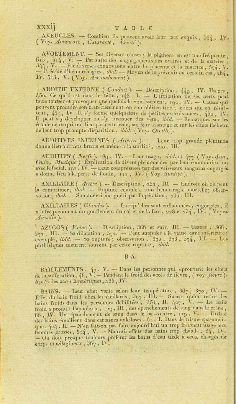 AVEUGLES. — Combien ils peuvent avoir leur lact exrpis , 3G4, IV. {\oy. ^Iritaiirose , Cataracte, Cécile'). AVORTEMENT. — Ses diverses causes ; la pléthore en est une fn'qnente , 5i3 , 5i4, V. — Par suite (les engorgements des ovaires et de la matrice , , V. — Par diverses congcslions entre le placenta et la matrice , 674 , V, — Précédé d'iiéiuorrliagies , iùid. — Moyen de le prévenir en certain cas , -284 ^ IV. 5i3 , V. {^Noy. Accouchement). AUDITIF EXTERNE ( Conduit ). — Description , 449, IV. Usages , 45o. Ce qu'il est dans le fétus, 148, I. — L'irritation de ses nerl's peut faire tousser et provoquer quelquefois le vomissement, 199., IV. — Causes qui peuvent produire son rétrécissement on son oblitération ; effets qui en résul- tent, 45i , IV. Il s'y forme quelquefois de petites cxcrois-ancc.,, 452 , IV. Il peut s'y développer ou s'y insinuer des sers, ihid. — Remarques sur les écoulements qui ont lieu par cette voie, sur leur avantage et sur les effets fâcheux, de leur trop prompte disparition , ibid. (Voy. Oreille). AUDITIVES INTERNES ( Artères ). - Leur trop grande plénituds donne lieu k divers bruits et même à la surdité , sao , 111. AUDITIFS- ( Nerfs ). 189 , IV. — Leur usage, ihid. et 4-7. ( Voy. Son, Ouie, Musique ). Explication de divers phénomènes par leur conimunicatioa ' avec le facial, jqa , IV. —Leur compression par des vaisseaux sanguins engorgés a donné lieu àla perte de l'ouie, 111 , IV. ( Voy. Surdité ). AXILLAIRE ( Artère ). — Description , 282 , III. — Endroit oîi on peut la comprimer, ibid. — Rupture complète sans hémorragie mortelle; obser- vation, ibid. — Son anévrisme guéri par l'opération, a3J , III. AXILLAIRES ( Glandes ). — Lorsqu'elles sont enflammées ,• engorgées , il Y a fréquemment un gonflement du col et de la face , 328 et 234 , IV. ( Voyes Aisselle ). AZYGOS ( Veine ). — Description, 368 et suiv. III. — Usages , 368 , 872 , III- — Sa dilatation , 372. — Peut suppléer à la veine cave inférieure; exemple, ibid. — Sa rupture; observation, 872, 373, 874, IH- —■ Li:» phthisiques meurent souvent par celte rupture , ibid. B A. BAILLEMENTS , 4? > V. — Dans les personnes qui éprouvent les effets de la suffocation, 48, V. — Pendant le froid des accès d!e fièvre , ( voy. Jièvre). Après des accès hystériques, .i35 , IV. BAINS. — Leur effet varie selon leur température , 867 , 870 , IV Effet du bain froid cliez les vieillards , 807 , III. — Succès qu'on retire de» bains froids dans les personnes débilitées, 4^1 ? H- 4^7» ^- — L« froid a produit l'apoplexie, 129 , 111 ; des épanchements de sang dans le crâne , 86, IV. Un épanchcraent de sang dans le bas-venlre , 119 , V. — Utilité des bains émolliens dans certaines ankiloses , 61 , I. Dans le irisme spasmodi- que , 424 , II. —N'en fait-on pas faire aujourd'hui un trop Iri'queut usage aux. femmes grosses, 5i4 , V. — Mauvais effets des bains trop chauds , 84 , IV- — On doit presque toujours prélcrcr les bains d'eau liède à *x:ux chargés de corps mucilagineux , 367 ^ IW