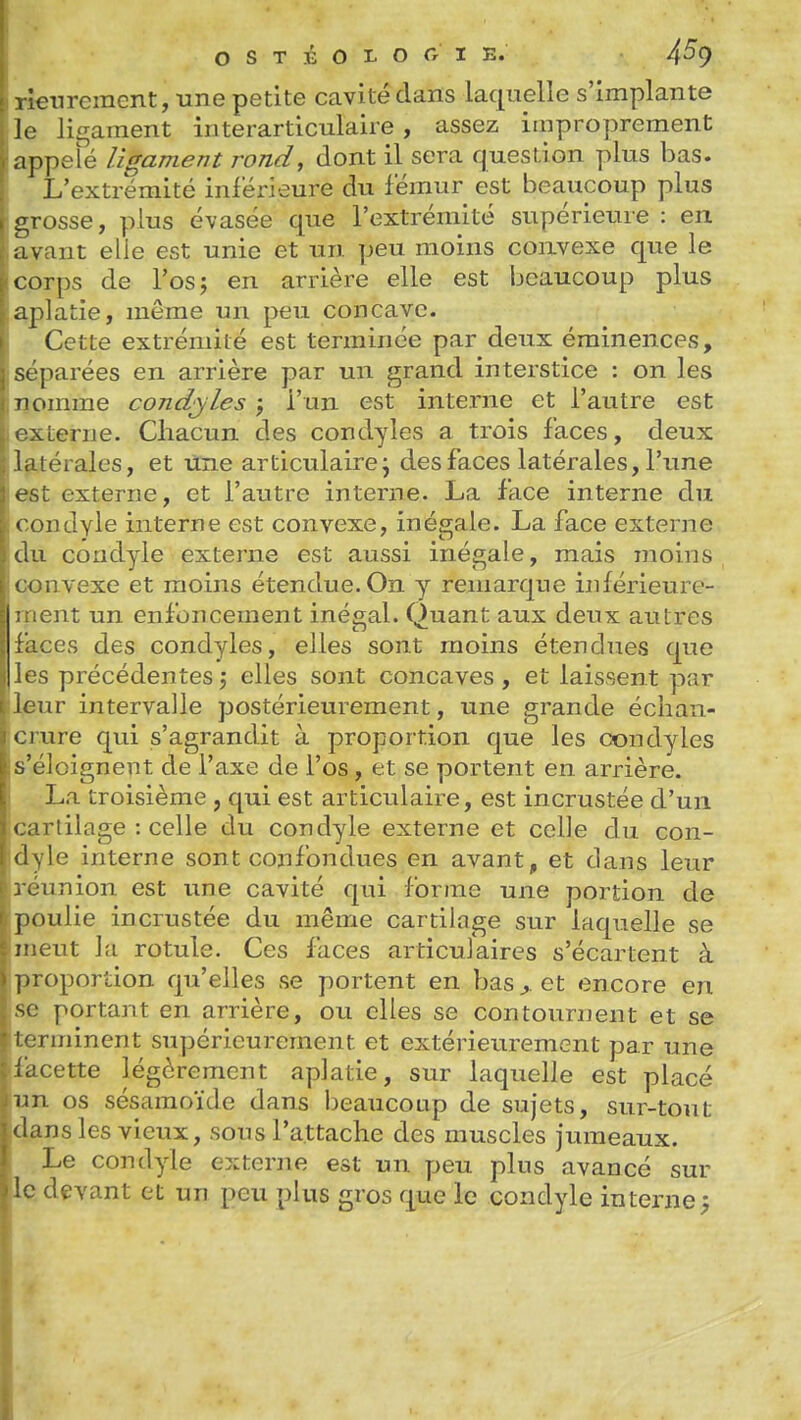 vleurement, une petite cavité dans laquelle s'Implante Je ligament interarticulaire, assez improprement appelé ligament rond, dont il sera question plus bas. L'extrémité inférieure du lémur est beaucoup plus grosse, plus évasée que l'extrémité supérieure : en :\vant elle est unie et un. peu moins coixvexe que le corps de l'os; en arrière elle est beaucoup plus aplatie, même un peu concave. Cette extrémité est terminée par deux érainences, séparées en arrière par un grand interstice : on les lîomme concilies \ l'un est interne et l'autre est externe. Chacun des condyles a trois faces, deux latérales, et une articulaire j des faces latérales, l'une est externe, et l'autre interne. La face interne du condyle interne est convexe, inégale. La face externe du condyle externe est aussi inégale, mais moins convexe et moins étendue. On y remarque inférieure- rnent un enfoncement inégal. Ouant aux deux autres faces des condyles, elles sont moins étendues que les précédentes ; elles sont concaves , et laissent par l^ur intervalle postérieurement, une grande échan- crure qui s'agrandit à proportion que les condyles s'éloignent de l'axe de l'os, et se portent en arrière. La troisième , qui est articulaire, est incrustée d'un cartilage : celle du condyle externe et celle du con- dyle interne sont confondues en avant, et dans leur réunion, est une cavité qui forme une portion de poulie incrustée du même cartilage sur laquelle se meut la rotule. Ces faces articulaires s'écartent à proportion qu'elles se portent en baset encore en se portant en arrière, ou elles se contournent et se terminent supérieurement et extérieurement par une facette légèrement aplatie, sur laquelle est placé un os sésamoïde dans beaucoup de sujets, sur-tout dans les vieux, sous l'attache des muscles jumeaux. Le contlyle externe est un peu plus avancé sur le. devant et un peu plus gros que le condyle interne;