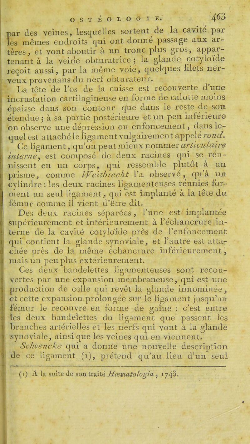 par des veines, lest|ueUes sortent de la cavité par les mêmes endroits qui ont donné passage aux ar- tères^ et vont aboutir à un tronc plus gros, appar- tenant à la veine obturatrice j la glande cotyloïde reçoit aussi, par la même voie, quelques filets nér- A'eux provenans du nerf obturateur. La te te de l'os de la cuisse est recouverte d'une incrustation cartilagineuse en forme de calotte moins épaisse dans son contour que dans le reste de son étendue ; à sa partie postérieure et un peu inlérieure on observe une dépression ou enfoncement, dans le- quel est attaché le ligament vulgairement a^tpelé rond. Ce ligament, qu'on peut mieux nommer ^zr/zcz^/ûir^ interne, est composé de deux racines qui se réu- nissent en un corps, qui ressemble plutôt à un prisme^ comme JYeithrecht l'a observé, qu'à un cylindre : les deux racines ligamenteuses réunies for- ment un seul ligament;, qui est implanté à la tête du fémur comme il vient d'être dit. Des deux racines séparées, l'une est implantée supérieurement et intérieurement à l'échancrure in- terne de la cavité cotyloïde près de l'enfoncement qui' contient la glande synoviale, et l'autre est atta- chée près de la même échancrure inférieurement, mais un peu plus extérieurement. Ces deux bandelettes ligamenteuses sont recou- vertes par une expansion membraneuse, qui est une production de celle qui revêt la glande innominée, et cette expansion prolongée sur le ligament jusqu'au fémur le lecouvre en forme de gaine : c'est entre les deux bandelettes du ligament que passent les branches artérielles et les nerfs qui vont à la glande Synoviale, ainsi que les veines qui en viennent. Schvencke qui a donne une nouvelle description de ce ligament (i), prétend qu'au lieu d'un seul