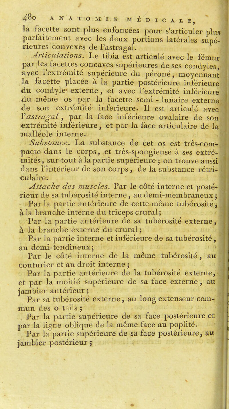 ✓ 48o ANATOMIE MÉDICALï, la facette sont plus enfoncées pour s'articuler plus parfaitement avec les deux portions latérales supé- rieures convexes de l'astragal. ^ Articulations. Le tibia est articalé avec le fémur par les facéties concaves supérieures de ses condyles, avec l'extrémité supérieure du péroné, moyennant la facette placée à la partie postérieure inférieure du condyle* externe, et avec l'extrémité inférieure du même os par la facette semi - lunaire externe de son extrémité- inférieure. Il est articulé avec Vastragal, par la face inférieure ovalaire de son extrémité inférieure, et par la face articulaire de la malléole interne. Substance. La substance de cet os est très-com- pacte dans le corps, et très-spongieuse à ses extré- mités, sur-tout à la partie supérieure ; on trouve aussi dans l'intérieur de son corps , de la substance rétri- culaire. Attache des muscles. Par le côté interne et posté- rieur de sa tubérosité interne, au demi-membraneux j Par la partie antérieure de cette même tubérosité, à la brandie interne du triceps crural j Par la partie antérieure de sa tubérosité externe, à la branche externe du crural ; Par la partie interne et inférieure de sa tubérosité, au demi-tendineux; Par le côté interne de la même tubérosité , au couturier et au droit interne ; Par la partie antérieure de la tubérosité externe, et par la moitié supérieure de sa face externe, au jambier antérieur ; Par sa tuljérosité externe, au long extenseur com- mun des o.teils j Par la partie supérieure de sa face postérieure et par la ligne oblique de la même face au poplité. Par la partie supérieure de sa face postérieure, au jambier postérieur j