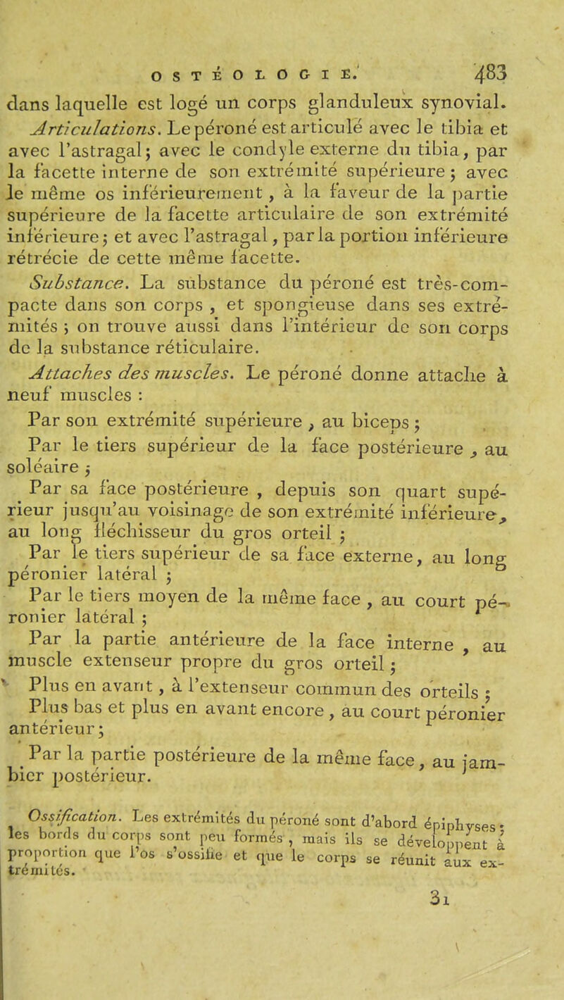 clans laquelle est logé un corps glanduleux synovial. Articulations. Le péroné est articulé avec le tibia et avec l'astragal; avec le condyle externe du tibia, par la facette Interne de son extrémité supérieure j avec Je même os inferieureinent, à la faveur de la partie supérieure de la facette articulaire de son extrémité inférieure 5 et avec l'astragal, par la portion inférieure rétrécie de cette même facette. Substance. La substance du péroné est très-com- pacte dans son corps , et spongieuse dans ses extré- mités ; on trouve aussi dans l'intérieur do son corps de la substance réticulaire. Attaches des muscles. Le péroné donne attache à neuf muscles : Par son extrémité supérieure , au biceps 5 Par le tiers supérieur de la face postérieure , au soléaire 5 Par sa face postérieure , depuis son quart supé- rieur jusqu'au voisinage de son extrémité inférieure, au long fléchisseur du gros orteil j Par le tiers supérieur de sa face externe, au long péronief latéral j Par le tiers moyen de la même face , au court pé-. ronier latéral ; Par la partie antérieure de la face interne , au muscle extenseur propre du gros orteil j ' Plus en avant, à l'extenseur commun des orteils • Plus bas et plus en avant encore, au court péronier antérieur; ^ Par la partie postérieure de la même face, au fam- bicr postérieur. Ossification. Les extrémités du péroné sont d'abord épiphyses • les bords du corps sont peu formés , mais ils se développent à proportion que l'os s'ossitie et que le corps se réunit aux ex- trémités. •