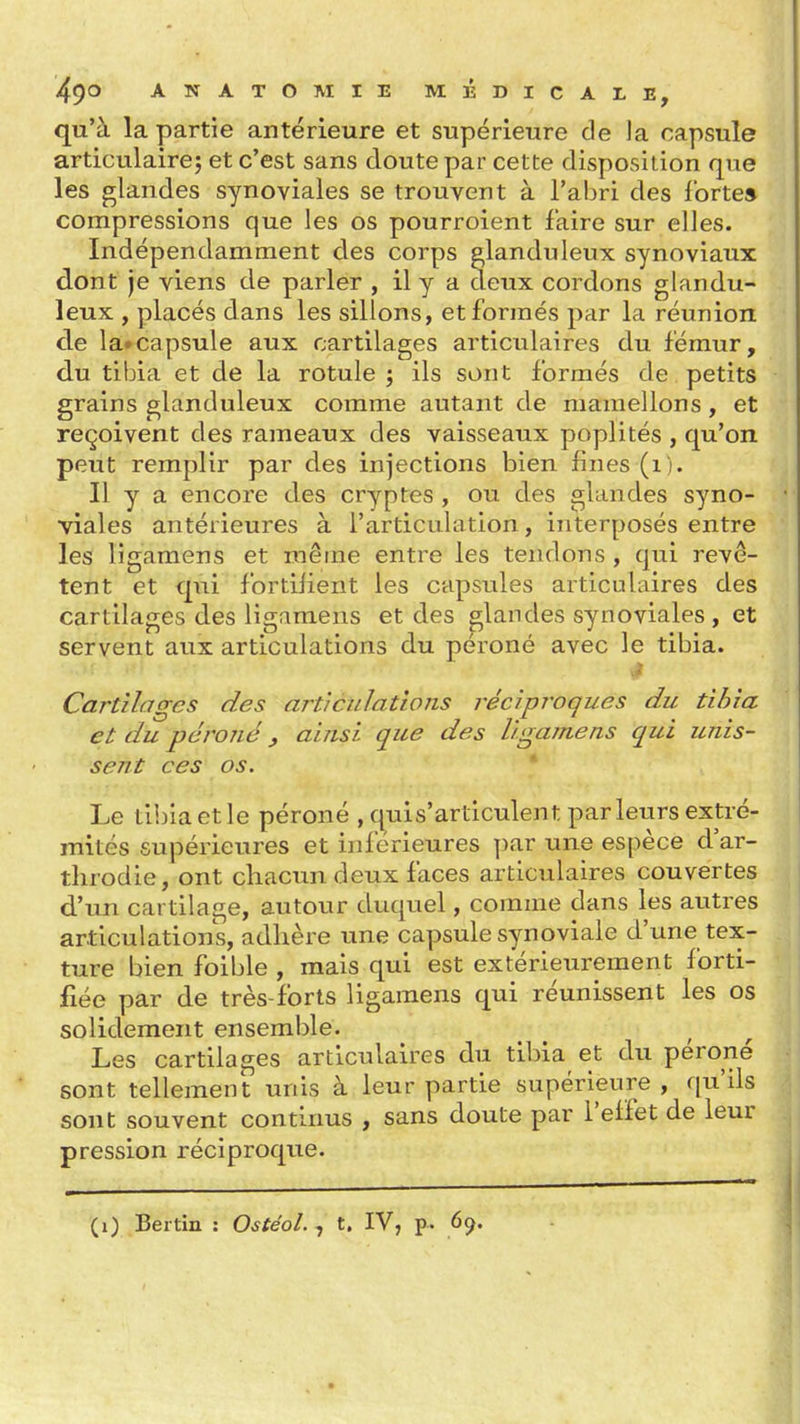 qu'à la partie antérieure et supérieure de la capsule articulaire; et c'est sans doute par cette disposition que les glandes synoviales se trouvent à l'abri des fortes compressions que les os pourroient iaire sur elles. Indépendamment des corps glanduleux synoviaux dont je viens de parler , il y a deux cordons glandu- leux , placés dans les sillons, et formés par la réunion de la»capsule aux cartilages articulaires du fémur, du tibia et de la rotule ; ils sont formés de petits grains glanduleux comme autant de mamellons, et reçoivent des rameaux des vaisseaux poplités , qu'on peut remplir par des injections bien fines (i ). Il y a encore des cryptes , ou des glandes syno- viales antérieures à l'articulation, interposés entre les ligamens et même entre les tendons , qui revê- tent et qui fortifient les capsules articulaires des cartilages des ligamens et des glandes synoviales, et servent aux articulations du péroné avec le tibia. ; » Cartilages des articulations réciproques du tihia et du péroné, ainsi que des ligamens qui unis- sent ces os. * Le tibia et le péroné , quis'articulent parleurs extré- mités supérieures et inférieures par une espèce d'ar- tlirodie, ont chacun deux faces articulaires couvertes d'un cartilage, autour duquel, comme dans les autres articulations, adhère une capsule synoviale d'une tex- ture bien foible , mais qui est extérieurement forti- fiée par de très-forts ligamens qui réunissent les os solidement ensemble. Les cartilages articulaires du tibia et du péroné sont tellement unis à leur partie supérieure , qu'ils sont souvent continus , sans doute par l'effet de leur pression réciproque.