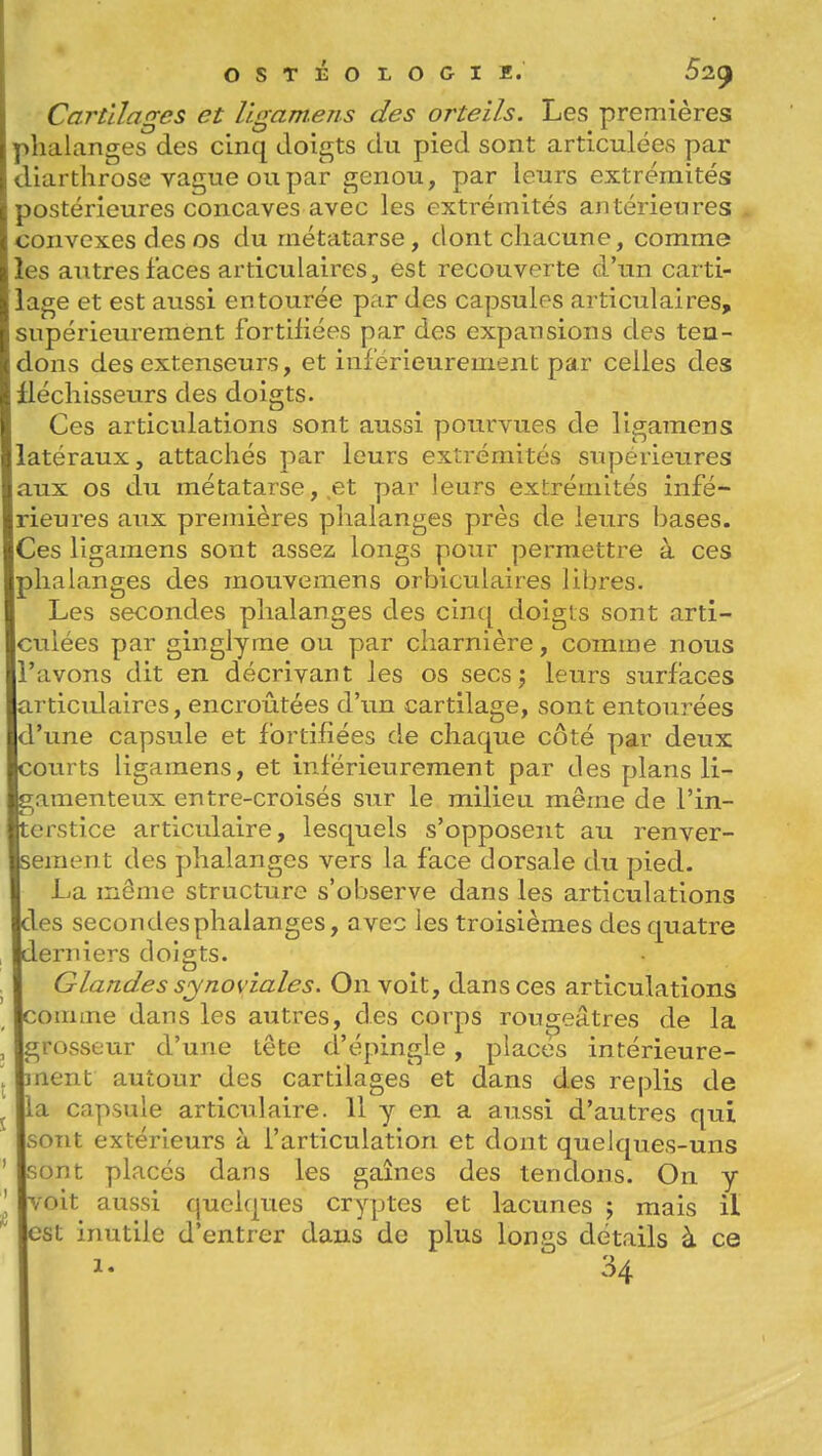 Cartilages et llgam.ens des orteils. Les premières phalanges des cinq doigts du pied sont articulées par iarthrose vague ou par genou, par leurs extrémités postérieures concaves avec les extrémités antérieures convexes des os du métatarse, dont chacune, comme les autres faces articulaires, est recouverte d'un carti- age et est aussi entourée par des capsules articulaires, supérieurement fortifiées par des expansions des ten- dons des extenseurs, et inférieurement par celles des échisseurs des doigts. Ces articulations sont aussi pourvues de ligamens latéraux, attachés par leurs extrémités supérieures aux os du métatarse, et par leurs extrémités infé- rieures aux premières phalanges près de leurs bases. Ces ligamens sont assez longs pour permettre à ces phalanges des mouvemens orbiculaires libres. Les secondes phalanges des cinq doigts sont arti- culées par ginglyme ou par charnière, comme nous avons dit en décrivant les os secs; leurs surfaces artictdaires, encroûtées d'im cartilage, sont entourées 'une capsule et fortifiées de chaque côté par deux ourts ligamens, et inférieurement par des plans li- amenteux entre-croisés sur le milieu même de l'in- erstice articulaire, lesquels s'opposent au renver- emerit des phalanges vers la face dorsale du pied. La même structure s'observe dans les articulations les secondes phalanges, avec les troisièmes des quatre erniers doigts. Glandes synoviales. On voit, dans ces articulations omme dans les autres, des corps rougeâtres de la grosseur d'une tête d'épingle , places intérieure- nent autour des cartilages et dans des replis de a capsule articulaire. 11 y en a aussi d'autres qui sont extérieurs à l'articulation et dont quelques-uns ont placés dans les gaines des tendons. On y 'oit aussi quelques cryptes et lacunes ; mais il est inutile d'entrer dans de plus longs détails à ce