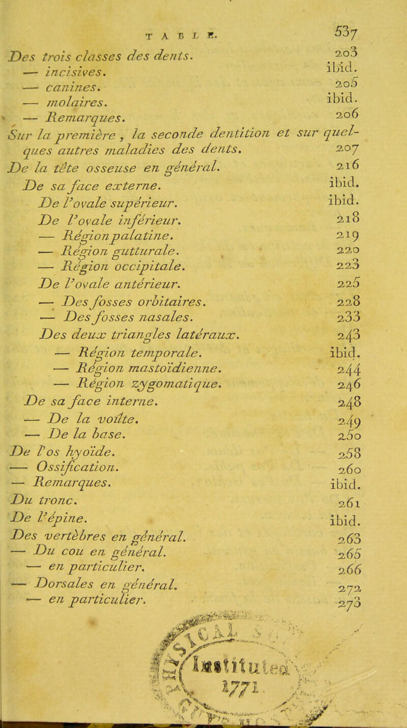 Des trois classes des dents. ^ — incisives. ibitl. — canines. ^ ^P'^ — molaires. ibid. — Remarques. 2.06 6ur la première , la seconde dentition et sur quel- ques autres maladies des dents. 2,07 De la tête osseuse en général. 2.16 De sa face externe. ibid. De l'ovale supérieur. ilDid. De l'ovale inférieur. 218 — Kégionpalatiîie. 219 — Région gutturale. 220 — Région occipitale. 223 De l'ovale antérieur. 2.2.5 — Des fosses orbitaires. 228 — Des fosses nasales. 2.33 Des deux triangles latéraux. 243 — Région temporale. ibid. — Région mastoïdienne. 244 — Région zygomatique. 246 De sa face interne. 248 — De la voûte. 2,49 — De la hase. 2,5o De Vos hyoïde. ^58 — Ossifcation. 2,60 — Remarques. ibid. Du tronc. 2,61 De l'épine. ibid. Des vertèbres en général. ^63 — Du cou en général. 2.65 — en particulier. 266 — Dorsales en général. q,jq, •— en particulier. 2/3