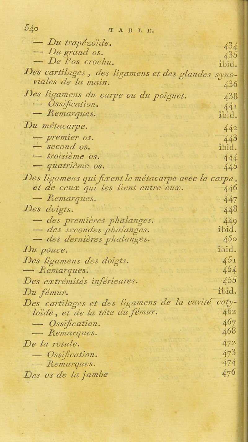 ^4° TABLE. — Du trapézoïde. — Du grand os. ^3 , — De l'os crochu. ibicl. Des cartilages y des ligamens et des glandes syno- viales de la main, ^'^(^ Des ligamens du carpe ou du poignet. 43î) — Ossification, —- Kemarques. ibid. Du métacarpe. ^/j — premier os. 44^'^ — second os. ibid, — troisième os. 444 ■— quatrième os. 445 Des ligamens quijîxent le métacarpe avec le carpe et de ceux qui les lient entre eux. 446 — Remarques. 44? Des doigts. 44^ — des premières phalanges. 449 —' des secondes phalanges. ibicl. — des dernières phalanges. 4^° Du pouce. ibid. Des ligamens des doigts. — B.e marque s, 4^4 Des extrémités inférieures. 4^5 Du fémur, i^^id- Des cartilages et des ligamens de la cavité cotA'- loïde, et de la tête du fémur. 4^- — Ossification. 4^7 — Kemarques. 4*^^ De la rotule. Aj^ — Ossifcation. Aj^ ■— Remarques. 474 Des os de la jambe 47^