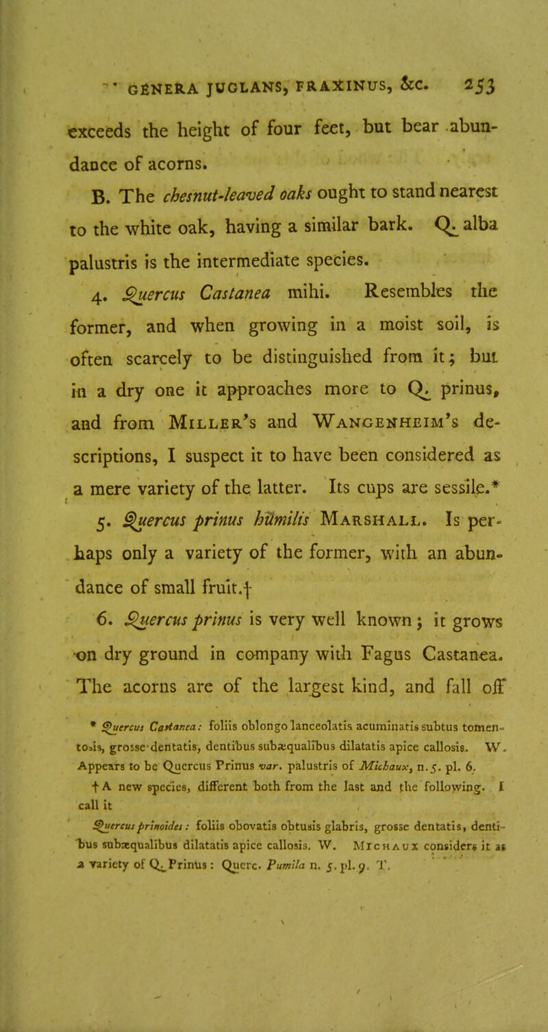 exceeds the height of four feet, but bear abun- dance of acorns. B. The chesmt'leaved oaks ought to stand nearest to the white oak, having a similar bark. alba palustris is the intermediate species. 4. ^lercus Castanea mi hi. Resembles the former, and when growing in a moist soil, is often scarcely to be distinguished from it; but in a dry one it approaches more to prinus, and from Miller's and Wangenheim*s de- scriptions, I suspect it to have been considered as a mere variety of the latter. Its cups are sessile.* 5. ^ercus prinus hUmilis Marshall. Is per- haps only a variety of the former, with an abun- dance of small fruit.1 6. ^lercus prinus is very well known j it grows •on dry ground in company with Fagus Castanea. The acorns are of the largest kind, and fall off • ^ercuj Cattanea: foliis oblongolanceolatis acuminatissubtus totnen- tosis, grosse dentatis, dcntibus subaequalibus dilatatis apice callosis. W. Appears to be Qucrcus Prinus var. palustris of Micbaux, n.5. pi. 6. + A new species, different both from the last and the follo>ving. I call it ^ercusprinoldes: foliis obovatis obtusis glabris, grossc dentatis, denti- bus subaqualibus dilatatis apice callosis. W. Michaux considers it at a variety of Q;_PrinUs: Qucrc. Pumlla n. 5. pi. 9. T.