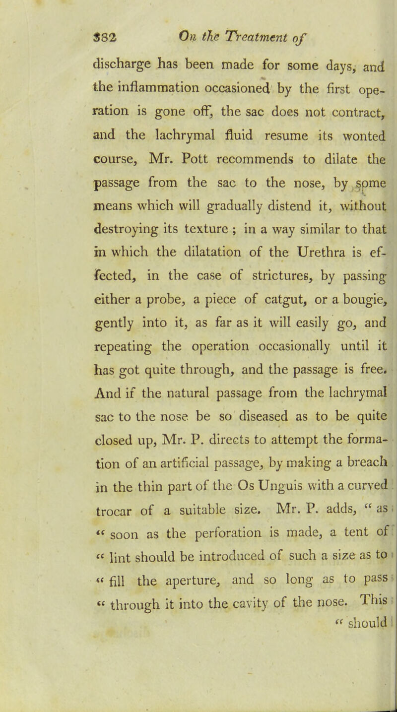 discharge has been made for some days, and the inflammation occasioned by the first ope- ration is gone off^ the sac does not contract, and the lachrymal fluid resume its wonted course, Mr. Pott recommends to dilate the passage from the sac to the nose, by some means which will gradually distend it, without destroying its texture ; in a way similar to that in which the dilatation of the Urethra is ef- fected, in the case of strictures, by passing either a probe, a piece of catgut, or a bougie, gently into it, as far as it will easily go, and repeating the operation occasionally until it has got quite through, and the passage is free. And if the natural passage from the lachrymal sac to the nose be so diseased as to be quite closed up, Mr. P. directs to attempt the forma- tion of an artificial passage, by making a breach in the thin part of the Os Unguis with a curved trocar of a suitable size. Mr. P. adds,  as  soon as the perforation is made, a tent of  lint should be introduced of such a size as to  fill the aperture, and so long as to pass  through it into the cavity of the nose. This  should