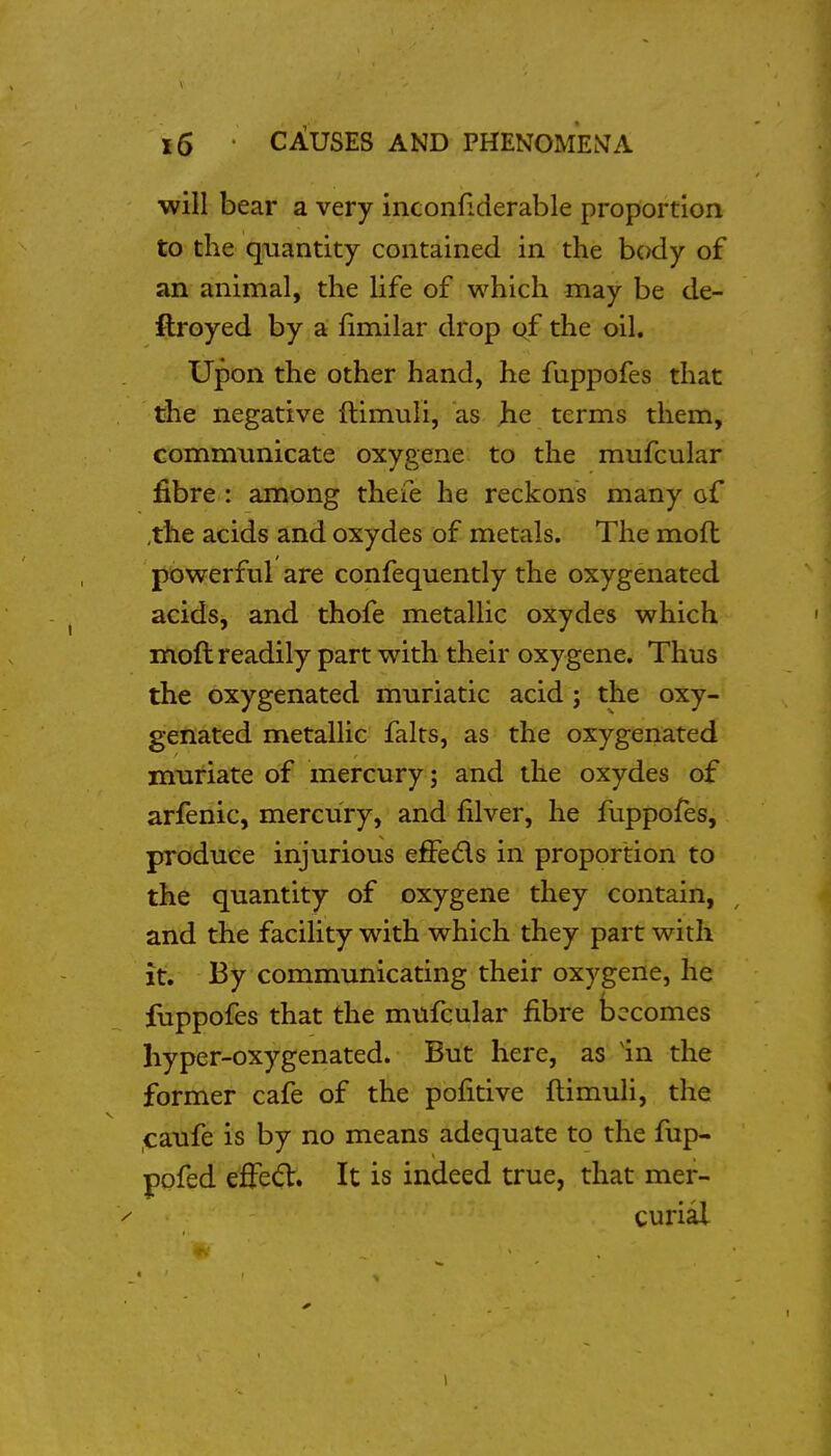 will bear a very inconfiderable proportion to the quantity contained in the body of an animal, the life of which may be de- ftroyed by a fimilar drop of the oil. Upon the other hand, he fuppofes that the negative ftimuli, as he terms them, communicate oxygene to the mufcular fibre : among theie he reckons many of ,the acids and oxydes of metals. The mod powerful are confequently the oxygenated acids, and thofe metallic oxydes which moft readily part with their oxygene. Thus the oxygenated muriatic acid; the oxy- gefiated metallic falts, as the oxygenated muriate of mercury; and the oxydes of arfenic, mercury, and filver, he fuppofes, produce injurious effeds in proportion to the quantity of oxygene they contain, and the facility with which they part with it. By communicating their oxygene, he fuppofes that the mufcular fibre becomes hyper-oxygenated. But here, as 'in the former cafe of the pofitive ftimuli, the caufe is by no means adequate to the fup- ppfed effedl. It is indeed true, that mer- curial