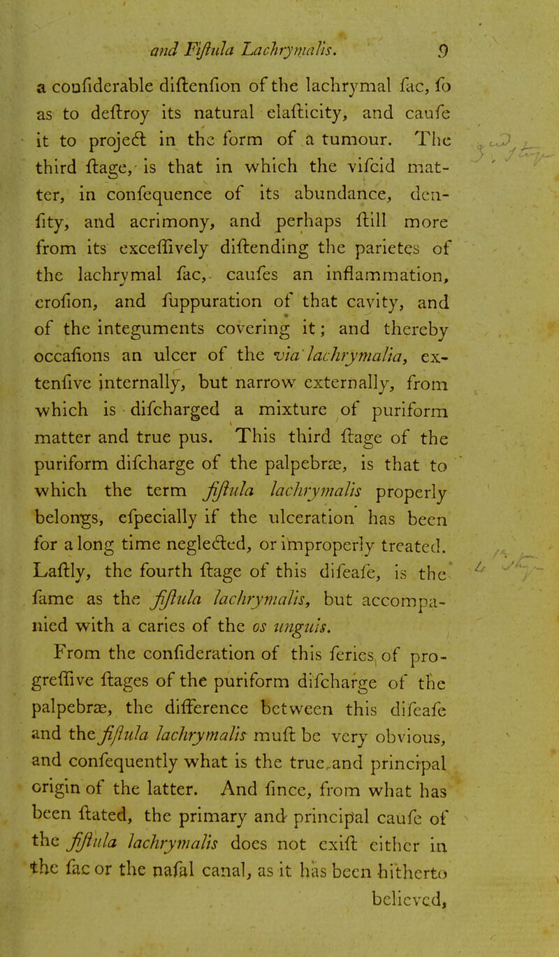 a confiderable diftenfion of the lachrymal fac, fo as to deftroy its natural elafticity, and caufe it to project in the form of a tumour. The third ftage, is that in which the vifcid mat- ter, in confequence of its abundance, den- fity, and acrimony, and perhaps ftill more from its exceffively diftending the parietes of the lachrymal fac, caufes an inflammation, erofion, and fuppuration of that cavity, and of the integuments covering it; and thereby occafions an ulcer of the via' lachrymalla, ex- tenfive internally, but narrow externally, from which is difcharged a mixture of puriform matter and true pus. This third ftage of the puriform difcharge of the palpebral, is that to which the term fijinla lachrymalls properly belongs, efpecially if the ulceration has been for along time neglected, or improperly treated. Laftly, the fourth ftage of this difeafe, is the fame as the jijiula lachrymalls, but accompa- nied with a caries of the os unguis. From the confideration of this feries of pro- greffive ftages of the puriform difcharge of the palpebral, the difference between this difeafe and the jijiula lachrymalls muft be very obvious, and confequently what is the truc and principal origin of the latter. And fince, from what has been ftated, the primary and principal caufe of the fijinla lachrymalls does not cxift cither in the fac or the nafal canal, as it has been hitherto believed,