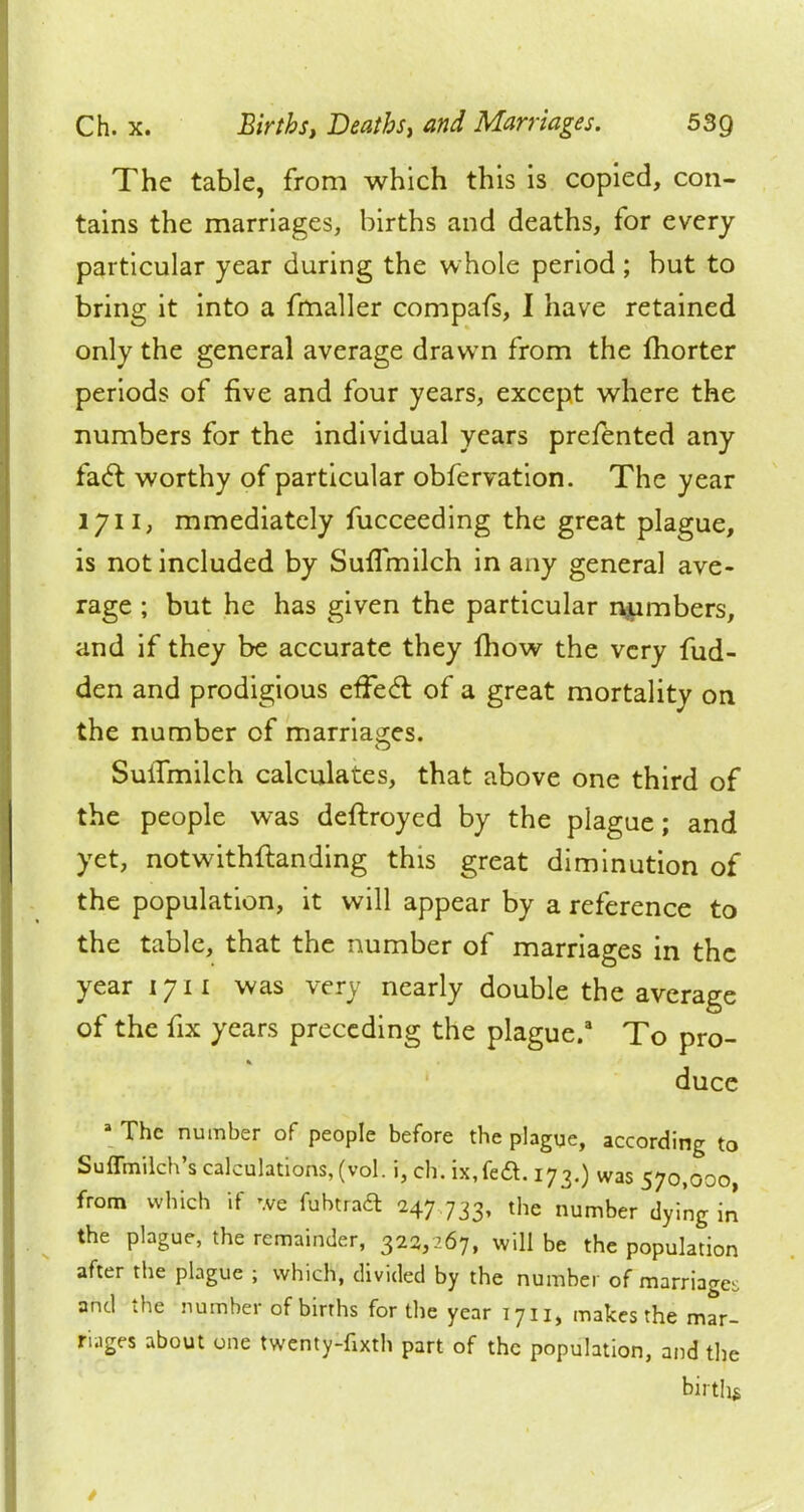 The table, from which this is copied, con- tains the marriages, births and deaths, for every particular year during the whole period ; but to bring it into a fmaller compafs, I have retained only the general average drawn from the morter periods of five and four years, except where the numbers for the individual years prefented any fact worthy of particular obfervation. The year 1711, mmediately fucceeding the great plague, is not included by SulTmilch in any general ave- rage ; but he has given the particular numbers, and if they be accurate they mow the very fud- den and prodigious effect of a great mortality on the number of marriages. Suifmilch calculates, that above one third of the people was deftroyed by the plague; and yet, notwithftanding this great diminution of the population, it will appear by a reference to the table, that the number of marriages in the year 1711 was very nearly double the average of the fix years preceding the plague.3 To pro- duce a The number of people before the plague, according to Suffmilch's calculations, (vol. i, ch. ix,fe&. 173.) was 570,000, from which if we fubtraft 247 733, the number dying in the plague, the remainder, 322,267, will be the population after the plague ; which, divided by the number of marriages and the number of births for the year 1711, makes the mar- riages about one twenty-fixth part of the population, and the births