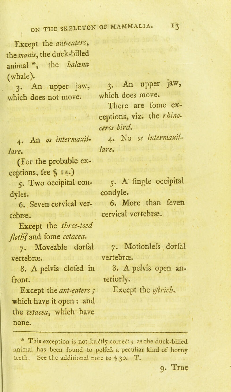 Except the ant-eaters^ the manis, the duck-billed animal *, the balmna (whale). 3. An upper jaw, which does not move. 4. An OS ititermaxil' tare. (For the probable ex- ceptions, fee § 14') 5. Two occipital con- dyles. 6. Seven cervical ver- tebrae. Except the three-toed Jloth'iznd fome cetacea. 7. Moveable dorfal vertebrae. 8. A pelvis clofed in front. Except the ant-eaters ; which have it open: and the tetacea, which have none. 3. An upper jaw, which does move. There are fome ex- ceptions, viz. the rhi?W' ceros bird. 4. No Qs intermaxiU lare. 5. A fmgle occipital condyle, 6. More than feven cervical vertebrae. 7. Motionlefs dorfal vertebrae. 8. A pelvis open an- reriorly. Except the oft rich. * This exception is not ftrldly corred ; as the duck-billed animal has been found to poflefs a peculiar kind of horny teeth. Sec the addiiional note to § 30. T. 9. True