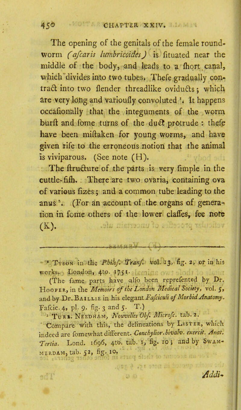 The opening of the genitals of the female round- worm (afcarh Iwnbricoides) is fituated near the middle of the body, and leads to a (hort canal, which 'divides into two tubes. Thefe gradually con- trad into two flender threadlike oviduds j which are very long and varioufly convoluted It happens occafionally , that the integuments of the worm burft and fome turns of the du^ protrude : thefe have been miftaken for young worms, and have given rife to the erroneous notion that the animal is viviparous. (See note (H). The ftru£lure of the parts is very fimple in the cuttle-fifli. There are two ovaria, containing ova of various fizes; and a common tube leading to the anus ^. (For an account of the organs of genera- tion in fome others of the lower clalTes, fee note * ;Ttst>N inutile Pbi&f. iTtan/i Wl. 45, fig- 2, or in his fvorksf,-, 'London, 4^0- *75''-l/^fnir (T^he famq. parts have -alfo been reprefented by Dr. Hooper, in tlie Memoirs of tin London Medical Society, vol. 5, and by Dr. Baillie in his tltgzxit Fafcicult of Morbid Anatomy, jFafcic. 4, pi. 9, fig. 3 and 5. T.) TuR». Needham, Nouvelles Obf. Microfc. tab. 2. Compare with this, the delineations by Lister, which indeed are fomewhat different. Conchylior.bi'Oalv. excrcit. Anat. Tenia. Lond. 1696, 4tt>. tab. i> fig- ip} and by Swam- MERDAM, tab. 52, fig. 10-