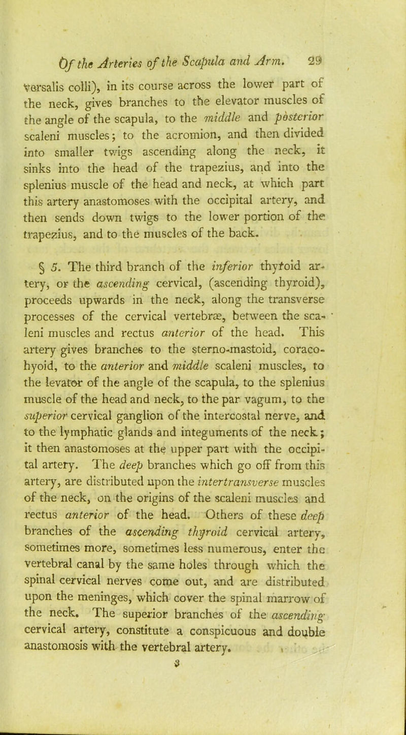 Versalis colli), in its course across the lower part of the neck, gives branches to the elevator muscles of the angle of the scapula, to the middle and posterior scaleni muscles; to the acromion, and then divided into smaller twigs ascending along the neck, it sinks into the head of the trapezius, and into the spienius muscle of the head and neck, at which part this artery anastomoses with the occipital artery, and then sends down twigs to the lower portion of the trapezius, and to the muscles of the back. § 5. The third branch of the inferior thyroid ar- tery, or the ascending cervical, (ascending thyroid), proceeds upwards in the neck, along the transverse processes of the cervical vertebrae, between the sca- leni muscles and rectus anterior of the head. This artery gives branches to the sterno-mastoid, coraco- hyoid, to the anterior and middle scaleni muscles, to the levator of the angle of the scapula, to the spienius muscle of the head and neck, to the par vagum, to the superior cervical ganglion of the intercostal nerve, and to the lymphatic glands and integuments of the neck; it then anastomoses at the upper part with the occipi- tal artery. The deep branches which go off from this artery, are distributed upon the intertransverse muscles of the neck, on the origins of the scaleni muscles and rectus anterior of the head. Others of these deep branches of the ascending thyroid cervical artery, sometimes more, sometimes less numerous, enter the vertebral canal by the same holes through which the spinal cervical nerves come out, and are distributed upon the meninges, which cover the spinal marrow of the neck. The superior branches of the ascending cervical artery, constitute a conspicuous and double anastomosis with the vertebral artery. 3