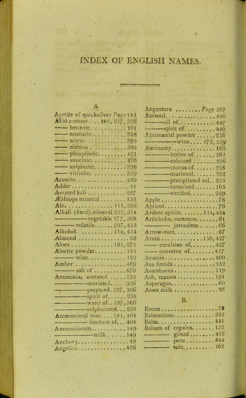 INDEX OF ENGLISH NAMES. • A Acetite cf quicksilver Paic 144^ Acid acetous 105, 317, 326* benzoic l6i muriatic 338 nitric 395 nitrous 395 phosphoric 421 succinic. 4/0 sulphuric. 339 vitriolic 339 Aconite 480 Adder 41 Aerated kali 22/ iEthiops mineral 132 Ale 111,336 Alkali (fixed) mineral 232, 314 vegetable 277, 308 volatile 237,413 Alkohol 114,454 Almond 82 Aloes 181, 271 Aloetic powder 181 wine 1S2 Amber 469 salt of 470 Ammonia, acetated 23S ■ muriiited 320 — prepaied. 237, 306 spirit or' 238 water of.. 287,306 sulphurated— 268 Ammoniacal iron. . . . 281, 404 tincture of. . . 404 Ammoniacum 149 . milk 149 Anchovy 49 Angelica 426 Angustura Page 367 Aniseed 446 oil of. 447 spirit of. 4)0 Antimenial powder 256 rwine 175, 25y Antimony 163 butter of. 262 calcined 256 crocus of. 258 muriated 262 precipitated sul.. 255 tartarised 165 vitrified 25^ Apple 78 Apricot 76 Ardent spirits 114,454 Artichoke, common 6l Jerusalem 66 Arrow-root 67 Arum 150,427 emulsion of. 427 conserve of. 427 Arsenic ..-. 400 Asa fcctida 152 Asarnbacca 11U Ash, manna 191 Asparagus b'O Asses milk 26 B. Bacon 2$ Balaustines 352 Balm 441 Balsam of copaiva 152 . gilead 425 peru . 444 tolu 162