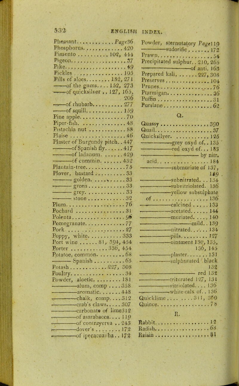 Pheasant Page36 Phosphorus 420 Pimento 102, 4-H Pigeon 37 Pike 4.9 Pickles J 05 Pills of aloes 182, 271 of the gums.,.. 152, 273 of quicksilver .. 127, lS5, 206 ~-—of rhubarb 277 < of squill 159 Pine apple 70 Piper-fish , 48 Pistachia nut 88 Plaise 46 Plaster of Burgundy pitch.. 447 < -of Spanish fly 417 of ladanum 42.9 of cummin. ...... 432 Plantain-tree 75 Plover, bastard . 33 golden » 33 green .... 33 grey 33 stone 32 Plum 76 Pochard 31 Polenta 9* Pomegranate 77 Pork 27 Poppy, white 333 Port wine ...... 81, 394, 454 Porter 336, 454 Potatoe, common 68 Spanish 65 Potash 227, 308 Poultry 34 Powder, aloetic 181 alum, comp .... 35S aromatic 448 -chaik, comp. ... 312 ■crab's claws 307 ■carbonate of Iime3l2 •of asarabacca.... 119 •of contrayerva .. 243 •dover's 172 rof ipecacuanha.. 172 Powder, sternutatory PageUp sudorific , 172 Prawn ^ Precipitated sulphur.. 2JO, 265 ■ — of anti. 163 Prepared kali 227, 308 Preserves , 104 Prunes 76 Ptarmigan 36 Puffin :n Purslane 62 Q. Quassy , 3.90 Quail 37 Quicksilver 125 , ,. -grey oxyd of.. 135 ' red oxyd of... 183 by nitr0 acid 184 -submuriate of 137, 1*9 • ■subnitrated. .. 134 •subvitriolated. 136 •yellow subsulphate of 136 calcined 133 acetated 144 muriated 140 mild.. 139 nitrated 134 pills 127 ointment 130, 135, 136, 145 plaster 131 —i sulphurated black 132 _ red 132 1 triturated 127, 131 . vitriolated.... 136 — .-white calx of. . 136 Quicklime 3il, 360 Quince 78 Pv. Rabbit 11 Radish. . .. 68 Raisin , ...... 81