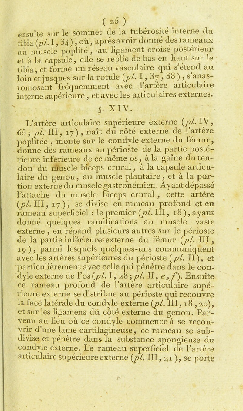 ( ^5 ) . ^ ensuite sur le sommet de la tubérosité interne du tibia {pl. 1, 34), où, après avoir donné des rameaux îiu muscle poplité , au ligament croisé postérieur et à la capsule, elle se replie de bas en haut sur le tibia, et forme un réseau vasculaire qui s'étend au loin et jusques sur la rotule {pl. 1, 3^ , 38 ), s'anas- tomosant fréquemment avec l'artère articulaire interne supérieure, et avec les articulaires externes. S. XIV. L'artère articulaire supérieure externe {pl. IV, 6b; pl. III, 17) , naît du côté externe de l'artère popUtée , monte sur le condyle externe du lémur, donne des rameaux au périoste de la partie posté- rieure inférieure de ce même os, à la gaine du ten- don du nîuscle biceps crural, à la capsule articu- laire du genou, au muscle plantaire, et à la por- tion externe du muscle gastronémien. Ayant dépassé l'attache du muscle biceps crural, cette artère {pl. III, 17 ), se divise en rameau profond et en. rameau superficiel : le premier {pl. III, 18), ayant donné quelques ramiiications au muscle vaste externe , en répand plusieurs autres sur le périoste de la partie inférieure''externe du fémur {pl. III, 19), parmi lesquels quelques-uns communiquent avec les artères supérieures du périoste {pl. II ), et particulièrement avec celle qui pénètre dans le con- dyle externe de l'os(/?/. I, 28 jpl. II, ej,f). Ensuite ce rameau profond de l'artère articulaire supé- rieure externe se distribue au périoste qui recouvre la face latérale du condyle externe {pl. III, 18 ,20), et sur les ligamens du côté externe du genou. Par- venu au lieu où ce condyle commence à se recou- vrir d'une lame cartilagineuse, ce rameau se sub- divise et pénètre dans Ta substance sponeieuse du condyle externe. Le rameau superficiel de l'artère articulaii-e supérieure externe {pL III, ^1 ), se porte