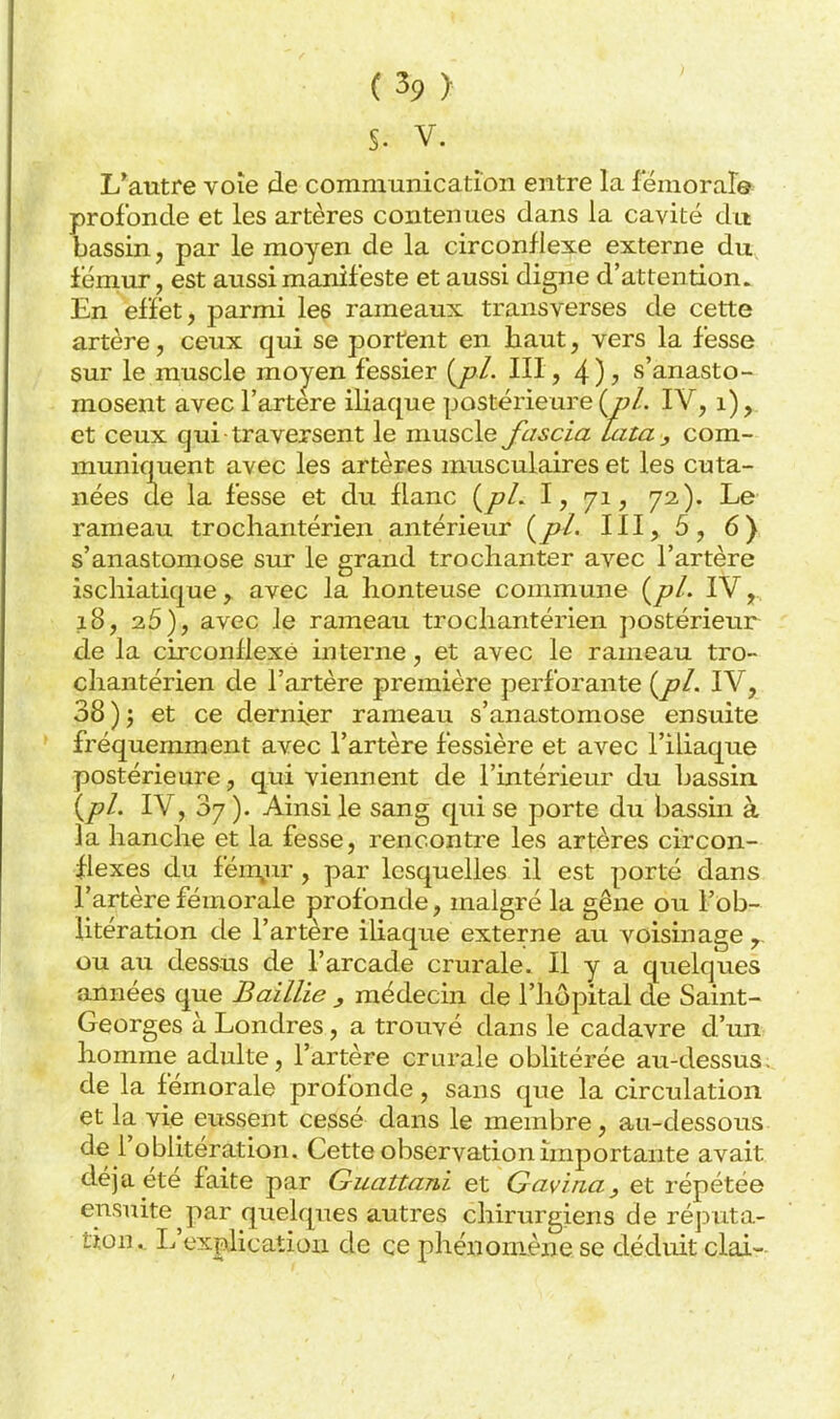 S. V. L*aiitre voie de communication entre la fémorar» profonde et les artères contenues dans la cavité du bassin, par le moyen de la circonflexe externe du\ fémur, est aussi manifeste et aussi digne d'attention. En effet, parmi les rameaux transverses de cette artère, ceux qui se portent en haut, vers la fesse sur le muscle moyen fessier {^pl. III , 4)? s'anasto- mosent avec l'artère iliaque postérieure (/;/. IV, i), et ceux qui traversent le muscle fascia Lata , com- muniquent avec les artères musculaires et les cuta- nées de la fesse et du flanc i^pL I, 71, 72). Le rameau trochantérien antérieur (/^/. III, 5, 6) s'anastomose sur le grand troclianter avec l'artère ischiatique, avec la honteuse commune i^pL IV, 18, 25), avec le rameau trochantérien postérieur de la circonflexe interne, et avec le rameau tro- chantérien de l'artère première perforante {^pl. IV, 38 )j et ce dernier rameau s'anastomose ensuite fréquemment avec l'artère fessière et avec l'iliaque postérieure, qui viennent de l'intérieur du bassin i^pl. IV, 07 ). Ainsi le sang qui se porte du bassin à la hanche et la fesse, rencontre les artères circon- flexes du féiryir , par lesquelles il est porté dans l'artère fémorale profonde, malgré la gêne ou l'ob- litération de l'artère iliaque externe au voismage ou au dessus de l'arcade crurale. Il y a quelques années que Baillie , médecin de l'hôpital de Saint- Georges à Londres, a trouvé dans le cadavre d'un homme adulte, l'artère crurale oblitérée au-dessus ; de la fémorale profonde, sans que la circulation et la vie eussent cessé dans le membre, au-dessous de l'oblitération. Cette observation importante avait déjà été faite par Guattani et Gavina, et répétée ensuite par quelques autres chirurgiens de réjDuta- tion. L'ex|xlication de ce phénomène se dédidt clai»