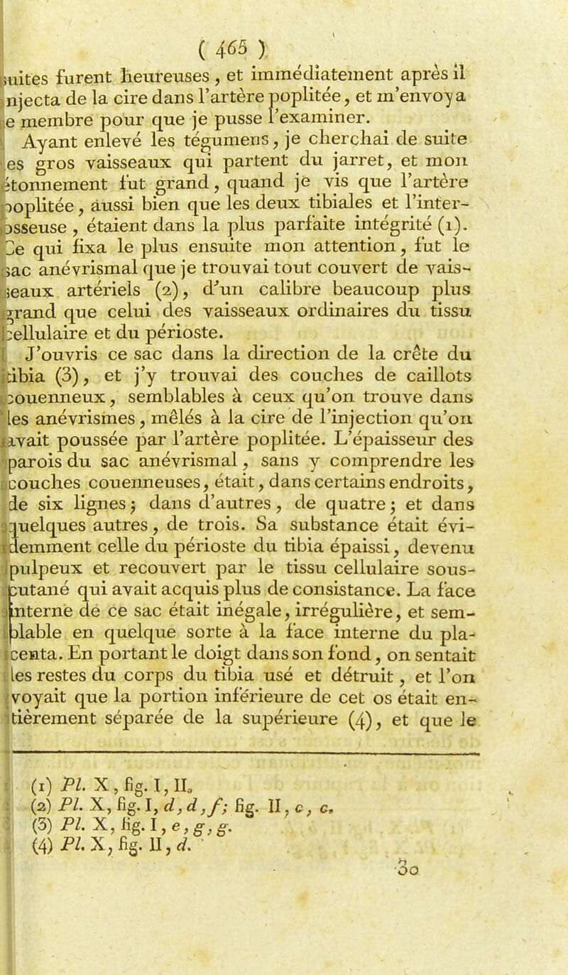 ( 4^5 ) ^ iuites furent lieureuses , et immédiatement après il njecta de la cire dans l'artère poplitée, et m'envoya e membre pour que je pusse l'examiner. Ayant enlevé les tégumens, je cherchai de suite es gros vaisseaux qui partent du jarret, et mon itonnement lut grand, quand je vis que l'artère ooplitée, aussi bien que les deux tibiales et Tinter- osseuse , étaient dans la plus parfaite intégrité (i). 3e qui fixa le plus ensuite mon attention, fut le 3ac anévrismal que je trouvai tout couvert de vais-^ îeaux artériels (2), d''un calibre beaucoup plus ^rand que celui des vaisseaux ordinaires du tissu :ellulaire et du périoste. J'ouvris ce sac dans la direction de la crête du : tibia (3), et j'y trouvai des couches de caillots :ouenneux, semblables à ceux qu'on trouve dans les anévrismes, mêlés à la cire de l'injection qu'on iivait poussée par l'artère poplitée. L'épaisseur des parois du sac anévrismal, sans y comprendre les couches couenneuses, était, dans certains endroits, de six lignesj dans d'autres, de quatrej et dans ijuelques autres, de trois. Sa substance était évi- idemment celle du périoste du tibia épaissi, devenu I pulpeux et recouvert par le tissu cellulaire sous- Dutané qui avait acquis plus de consistance. La face jiiternè dé ce sac était inégale, irrégulière, et sem- 1.3lable en quelque sorte à la face interne du pla- ( centa. En portant le doigt dans son fond, on sentait les restes du corps du tibia usé et détruit, et Toii voyait que la portion inférieure de ceL os était en- itièrement séparée de la supérieure (4), et que le (i) Pl. X,fig.I,IL (a) PL X, fig. I, d,d,f; fig. II, c, c, (3)PZ. X,lig.I,e,g-,^. <4)P/,X;fis. lljrf. • •3a