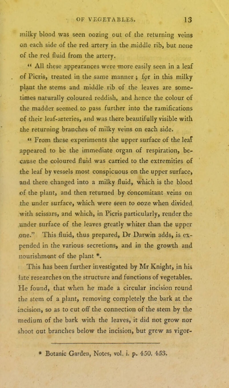 jiillky blood was seen oozing out of the returning veins on each side of the red artery in the middle rib, but none of the red fluid from the artery.  All these appearances were -more easily seen in a leaf of Picris, treated in the same manner j fpr in this milky plant the stems and middle rib of the leaves are some- times naturally coloured reddish, and hence the colour of the madder seemed to pass further into the ramifications of their leaf-arteries, and was there beautifully visible with the returning branches of milky veins on each side.  From these experiments the upper surface of the leaf appeared to be the immediate organ of respiration, be- cause the coloured fluid was carried to the extremities of the leaf by vessels most conspicuous on the upper surface, and there changed into a milky fluid, which is the blood of the plant, and then returned by concomitant veins on the under surface, which were seen to ooze when divided with scissars, and which, in Picris particularly, render the under surface of the leaves greatly whiter than the upper one. This fluid, thus prepared, Dr Darwin adds, is ex- pended in the various secretions, and in the growth and nourishmont of the plant *. This has been further investigated by Mr Knight, in his late researches on the structure and functions of vegetables. He found, that when he made a circular incision round the stem of a plant, removing completely the bark at the incision, so as to cut ofi^ the connection of the stem by the medium of the bark with the leaves, it did not grow nor shoot out branches below the incision, but grew as vigor- * Botanic Garden, Notes, vol. i. p. 450, 4'53.