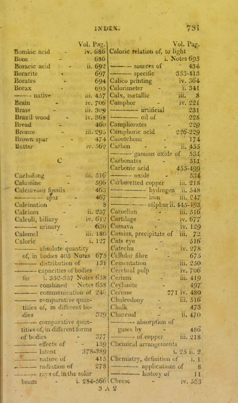 V 01. ri1g» IV. OoO ijonibic acid lione OoO lioracic acid Boracite • 05/7 Borates Borax 05)5 native ui. 4^7 Brain • IV. /uo Brass iii. 3U9 Brazil wood iv. 36» Bread 40\> Bronze hi. ?9-' Brown spar 474 Butter iv. aO'i c Cacliolong Calamine Culciiifcoiis fossils spur Calcination C'idcium Calculi, biliary •—■ urinary Calomel Caloric lii. C>\G 5.Q(ii 4o'.j 40'7 8 ii. 237 iv. C}V2 63() iii. 180 i. 1^7 absolute quantity of, in bodies 403 Notes 6'73 distribution of 131 capacities of bodies for i. 352-;5,37 Notes f).-58 combined Notes 6.5S communication of !J4(' onijKirative quan- tilies of, in di He rent bo- dies comparative quan- tities of, in ditVcrent forms of bcdics eifects of ■ ' - lat(;nt - n;i.turc of - radir.tion of r 378-3 S.9 41 278 r.ivs of, in the solar beam ' - i- 284-366 3 . \'ol. Pag. Caloric relation of, to light i. Notes 695 souices of specific Calico printing Calorimeter Calx, metallic Camphor artificial —— oil of ' 434. 353-413 iv. 364 i. iii. Campho rates Camjilioric acid Caoutchouc Carbon 341 S IV. 221 231 228 226-229 174. ii. ,455 531 511 455-499 53^ Carburctted copper iii. 218 hydrogen li. 548 iron iii. 247 Eulphurii.445-193 iii. 516 - gaseous oxide of Carbonates Carbonic acid oxide Caniclian Cartilage Cassava Cassius, precipit;Ue of Cats eye Catechu Ctllidar fibre Cenuritation Cercbial pulp Cerium Ceylanite Cerusse Chalcedony Chalk Charcoal absor{)tioii of IV, iv iii, iv iii. iv iii 271 IV iii 67r 129 72 516' 278 675 250 706 419 49 r 480 516 473 ii. 470 gases by - of copper 111, Chemical arrangements i- 25 Chemistry, definition of ajiplications of -— history of Cheese - iv, \ 2 48(S 218 ii. 2 1. 1 8 11 50'3