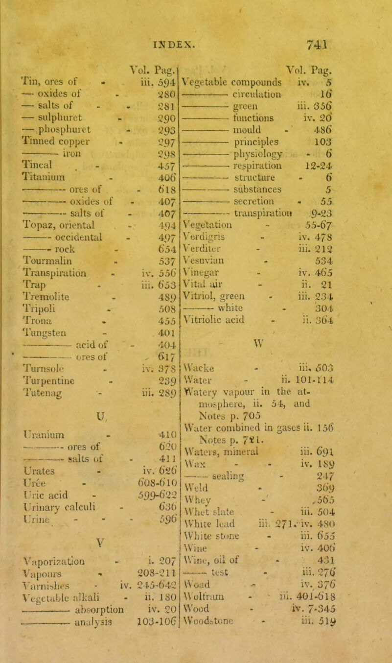 Tin, ores of — oxides of — salts of — sulphnict — pliosphuict Tinned copper • iron Tincal Titanium ores (if oxides of SilltS of Topaz, oriental occidental rock TourmaUn Transpiration Trap Tremollte Tripoli Tronu Tungsten acid of ores of Turnsoi*' Turpentine Tutenag I Cranium U, • ores of salts of Urates /rce I l ie acid 1 rinary calculi I'riiifc Vol. Pag. iii. 594r ■2S() ':97 4j7 406* 618 407 407 ■m 654, 537 iv. J 56 iii. 653 'iS9 508 455 401 '104 (vi7 iv. 37S 239 iii. '2S9 410 (i20 411 iv. 6t>6 608-610 599-622 6:Ki 596 \^apori?:ation Vapoius '\'arni^>lies - iv. \'egf table .'ilkali absorption r— analysis Vegetable compounds circulation ^'ol. Pag. i. 207 i208-'Jll 245-6412 ii. 180 iv. CO lOJ-lOa N'egetation Verdigris \'erdiler \'esuv:an Vinegar Vital air Vitriol, green white \'itrioIic acid green functions mould principles physiology respiration structiu-e substances secretion transpiration IV. 5 16 lii. 656 iv. 520 486' 103 . 6 12-24 6' 9-23 55-67 iv. 478 212 534 465 21 234 304 i. 364 in iv ii iii W Wacke - iii« Water - ii. 101. Watery vapour in the at- mo.>phfcre, ii. 51, and Notes p. 705 Water combined in gases ii. Notes p. 7*1-- Waters, mineral iii. Wax - - iv. sealing Weld Whey Whet slate - iii. White le.id iii. 271« iv. White stunt - iii. Wine - iv. Winr, oil of test - lii. Woad ' iv. W olfram - iii. 401 Wood - iw 7 Woodslonc - iii. 603 114 156 691 1S9 247 369 565 504 480 655 406 431 ■276 076 -618 ■345 5iy